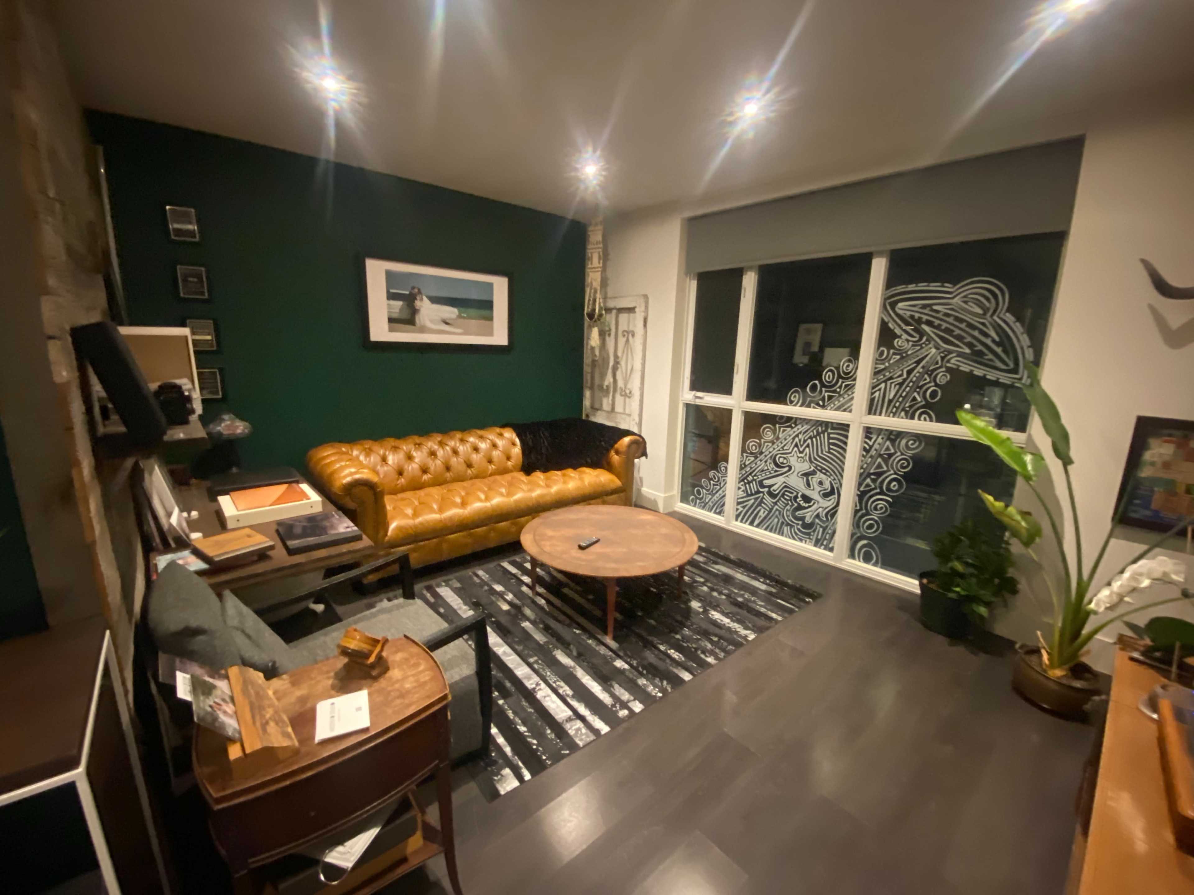 A cozy living room with a brown leather sofa, a round table, a decorative rug, and large windows featuring a mural and a potted plant.