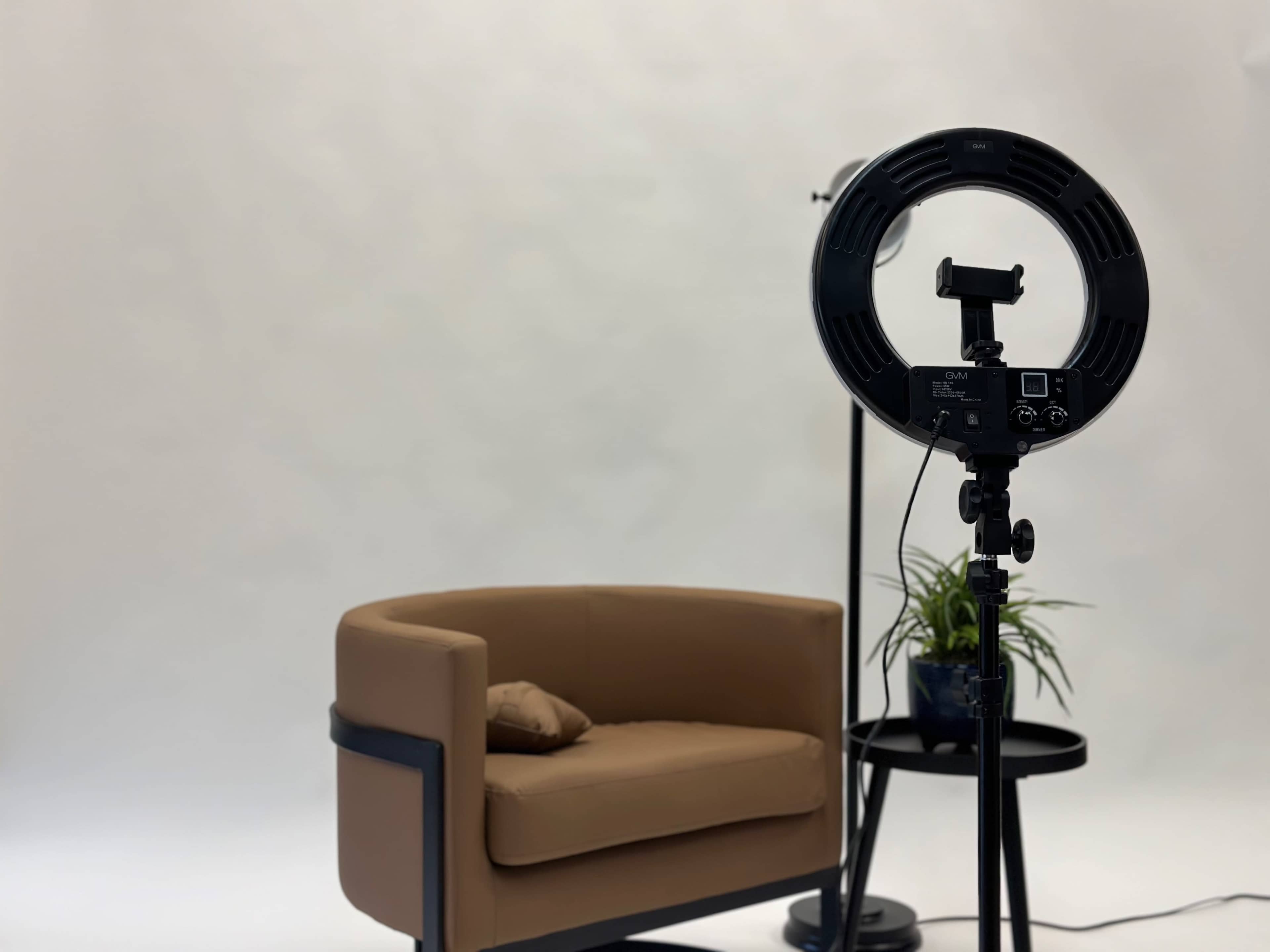 A ring light is set up next to a brown chair and a small table with a plant in front of a plain white backdrop.