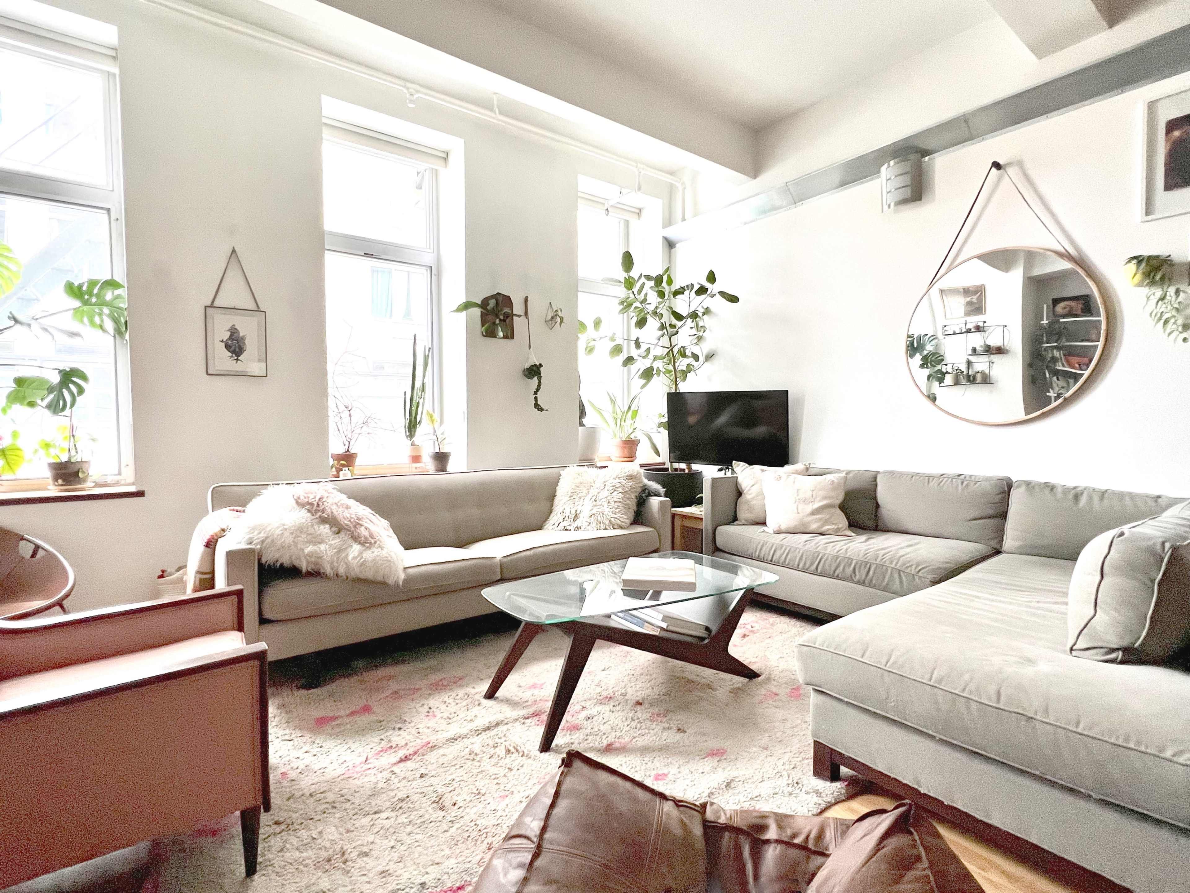 The image shows a spacious living room with a light-colored sectional sofa, a glass coffee table, and various indoor plants near the windows.