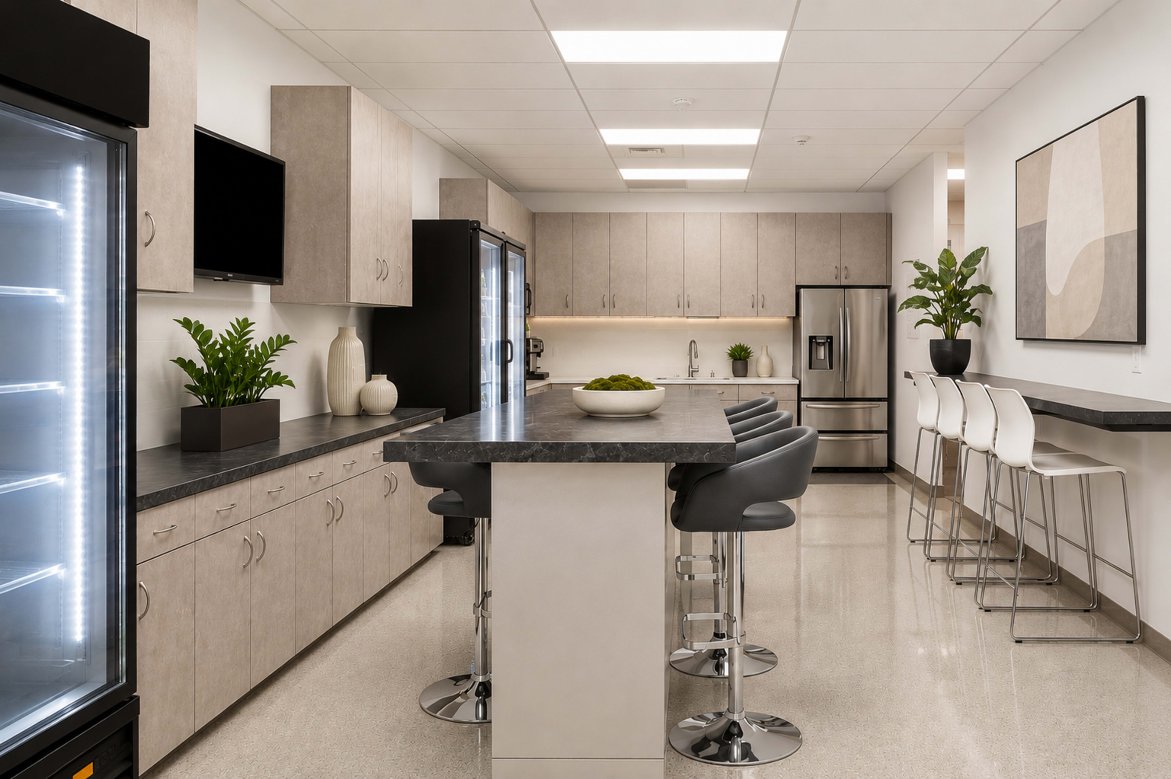 The image shows a modern kitchenette featuring a central island with bar stools, cabinets, and appliances, all arranged in an elegant design.