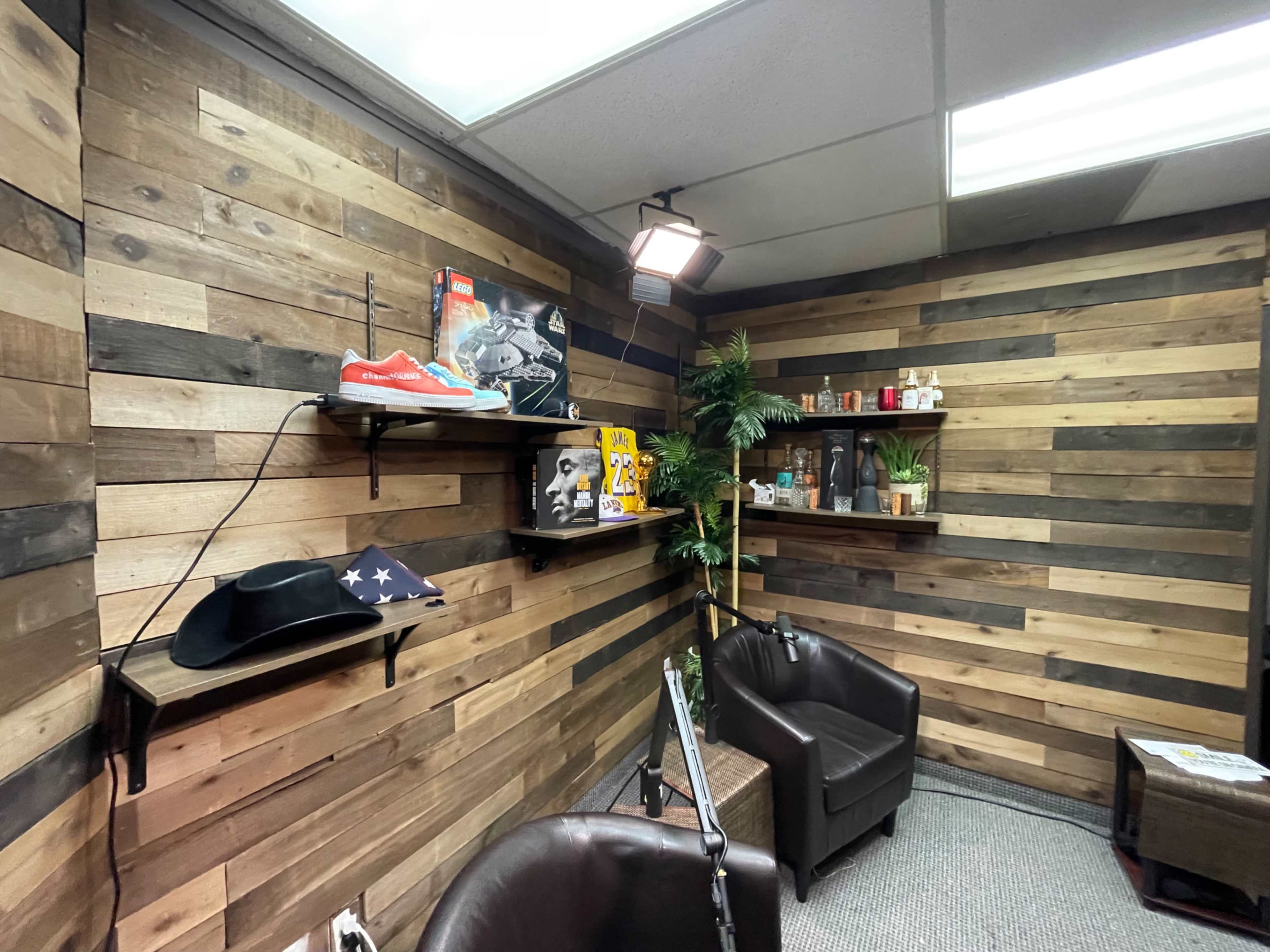 A room with wooden paneled walls, featuring shelves with various items, two leather chairs, and a potted plant.