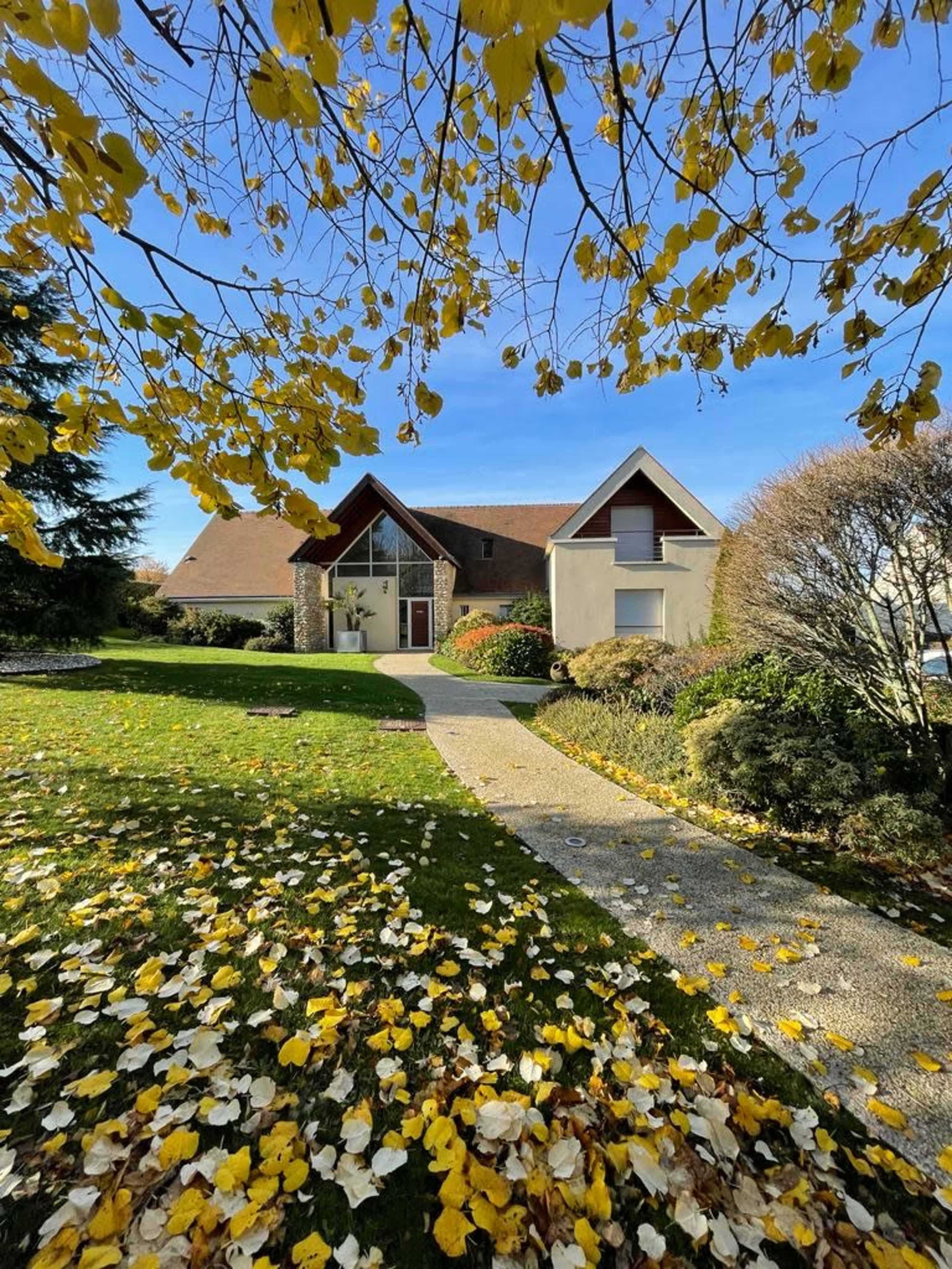 A modern house with a steeply pitched roof is surrounded by a manicured lawn covered in fallen yellow leaves, under a clear blue sky.