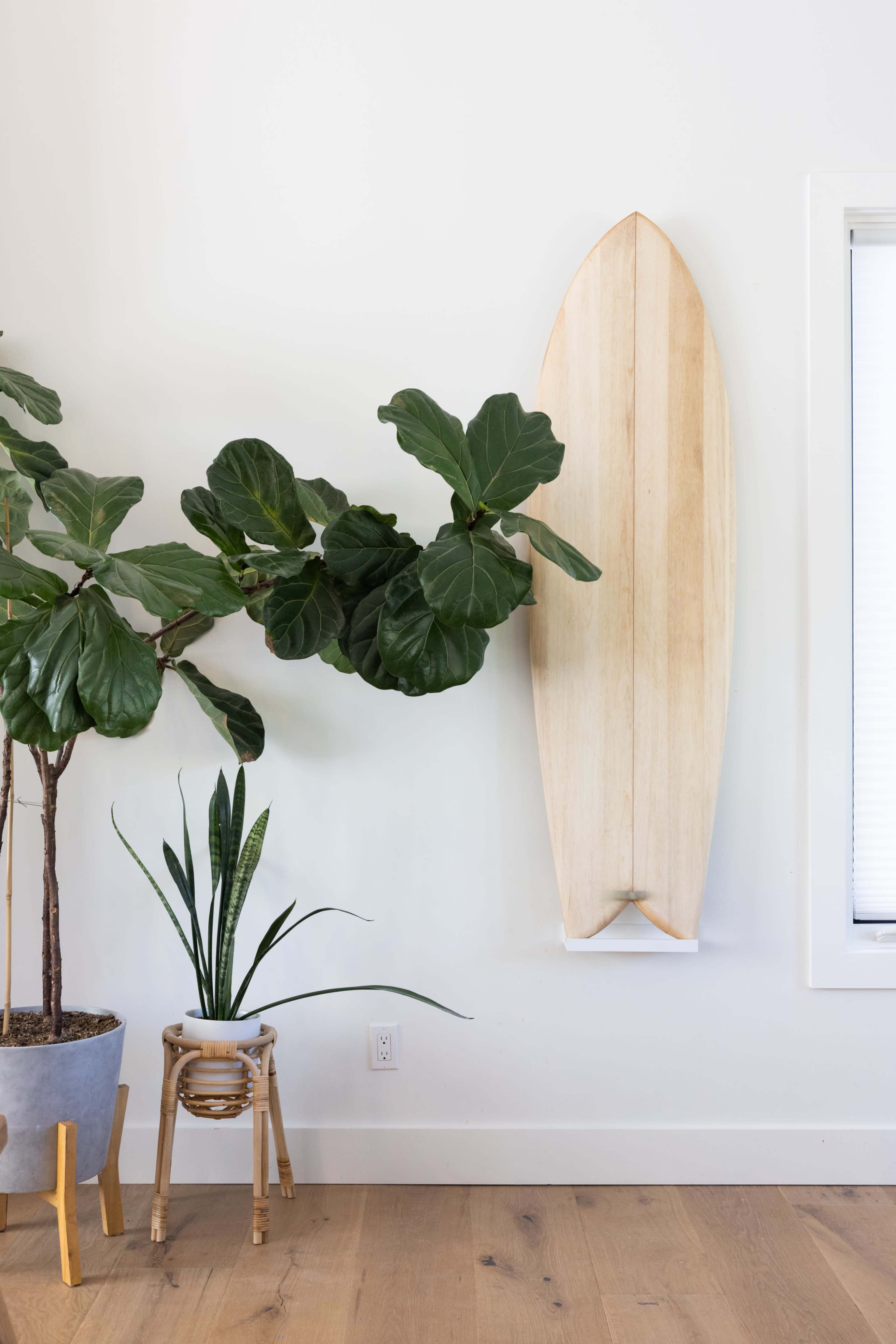 A surfboard is mounted on a white wall next to a large plant in a decorative pot and a smaller plant in a bamboo stand.