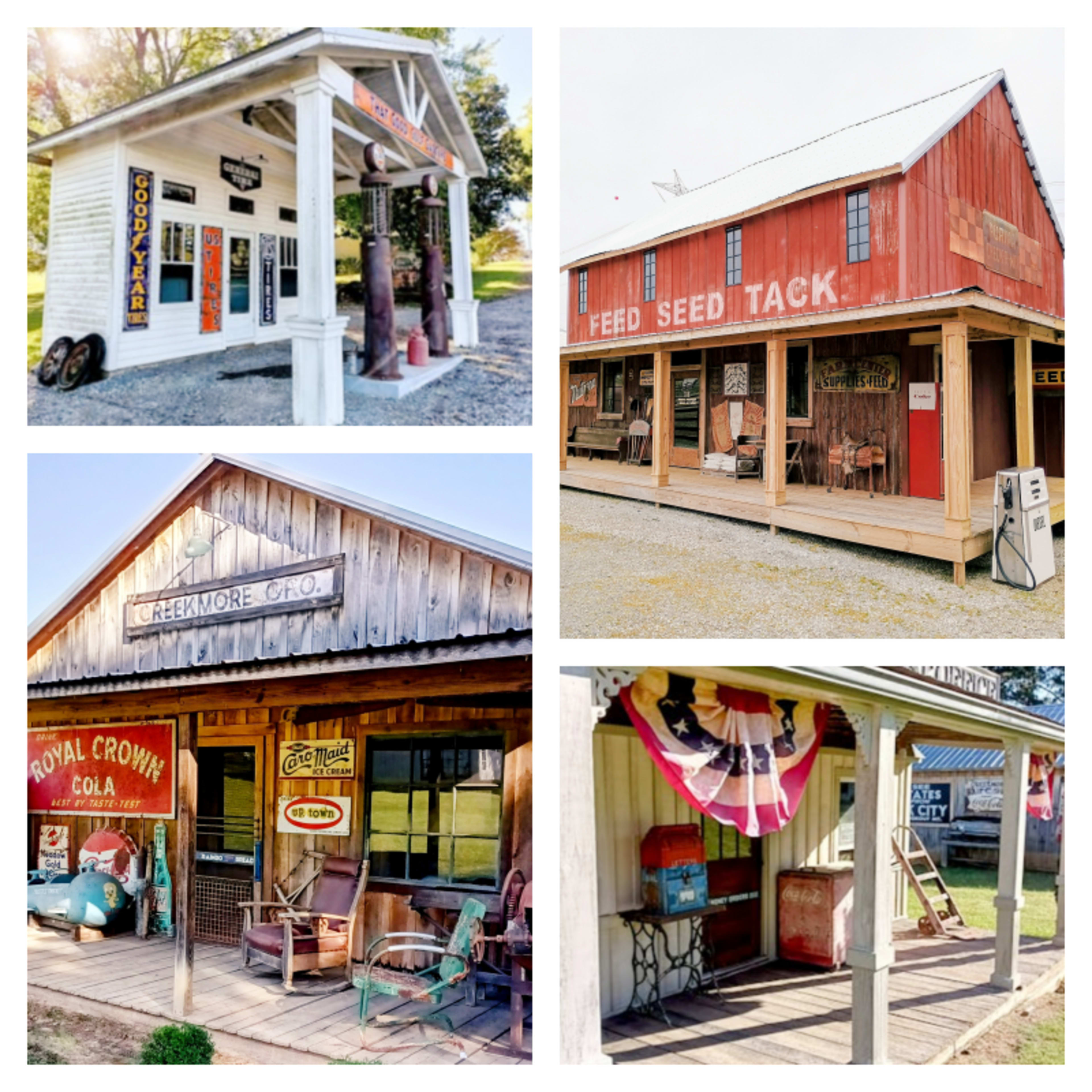 The image features a collage of four vintage storefronts, showcasing old signs and rustic architecture, reflecting a historical commercial district.