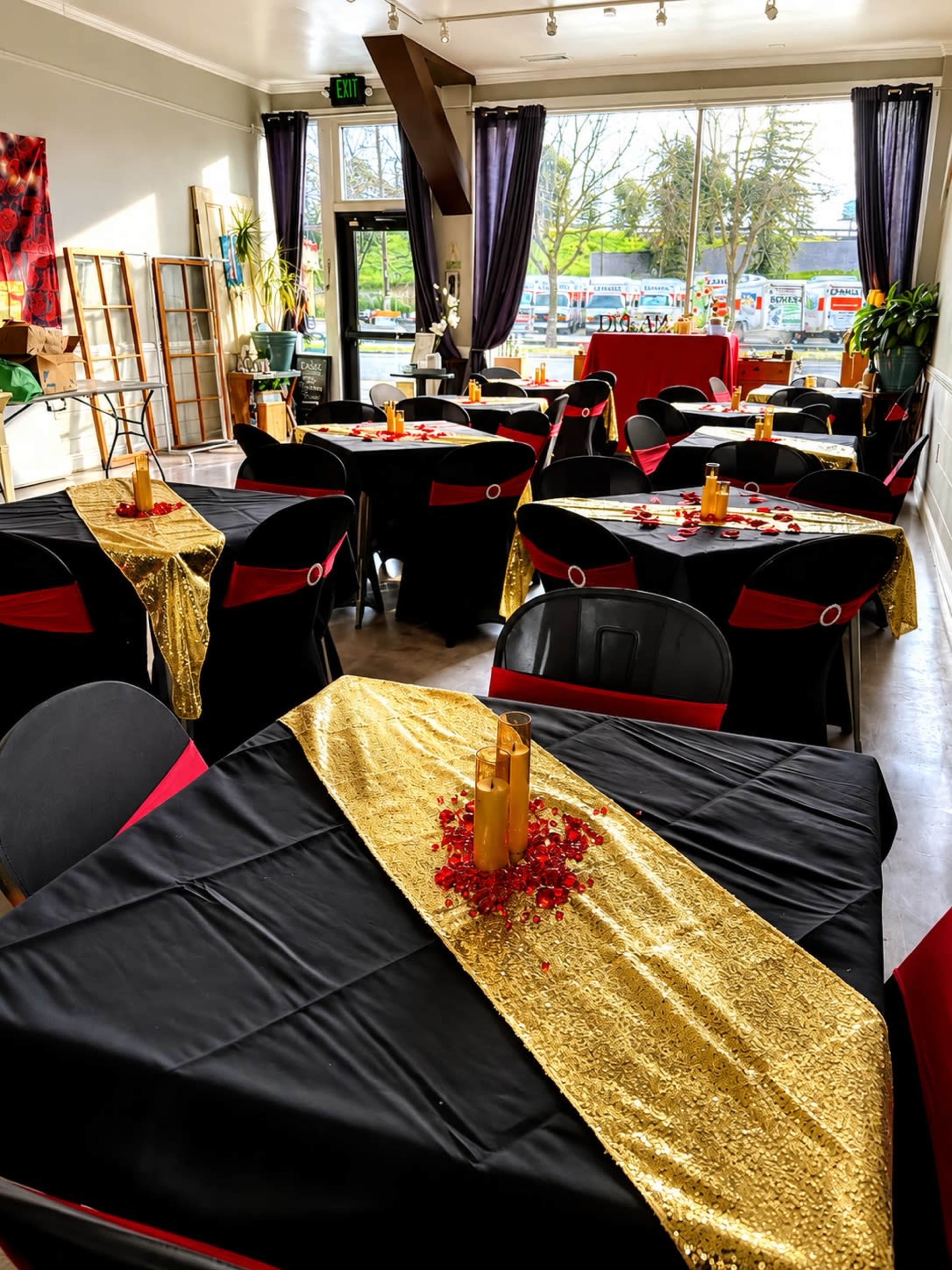 The image shows a restaurant dining area with black tables adorned with gold and red decorations, including centerpieces, and large windows revealing an outdoor view.