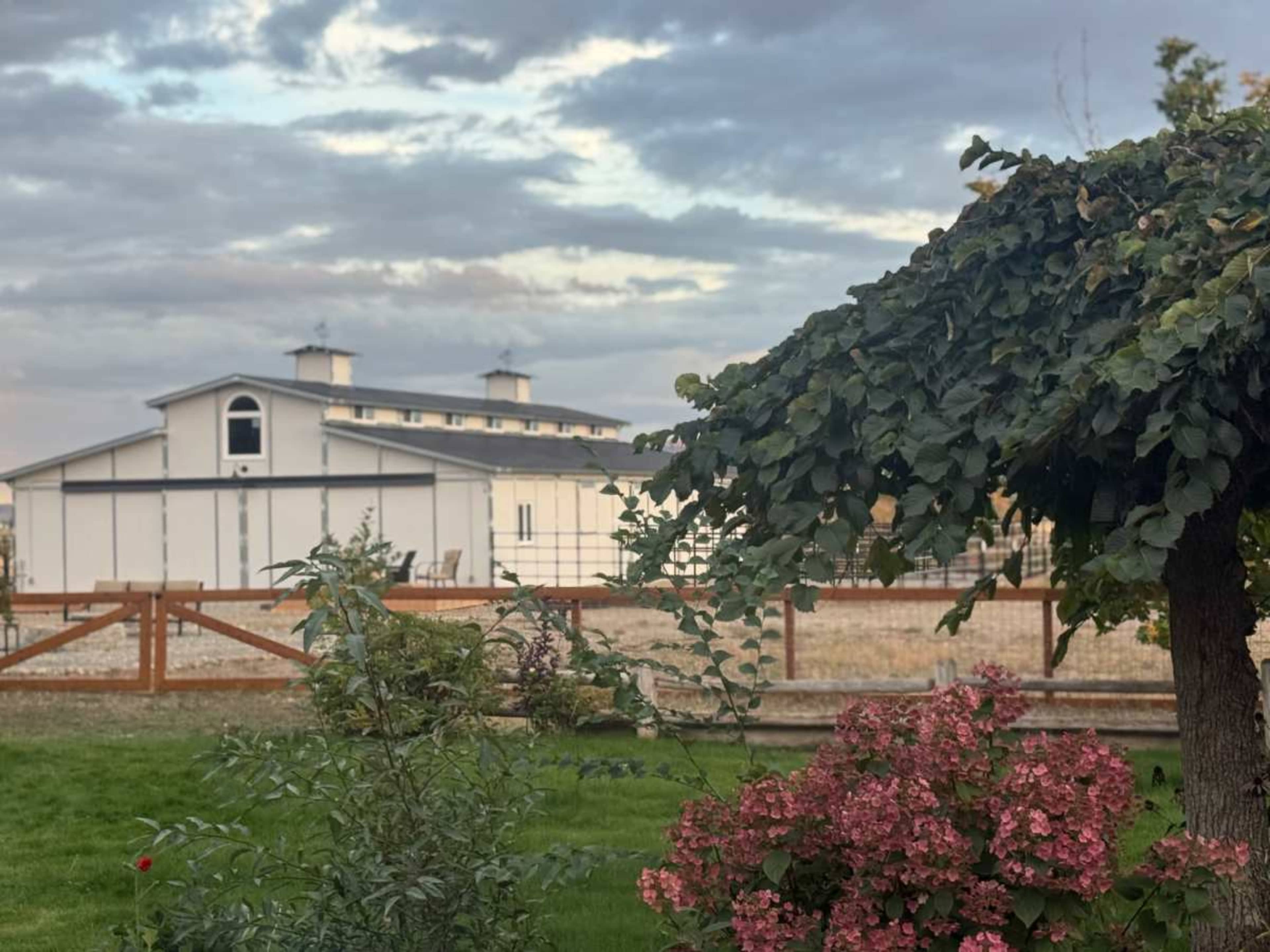 The image shows a large building in the background, surrounded by greenery and flowers, under a cloudy sky.