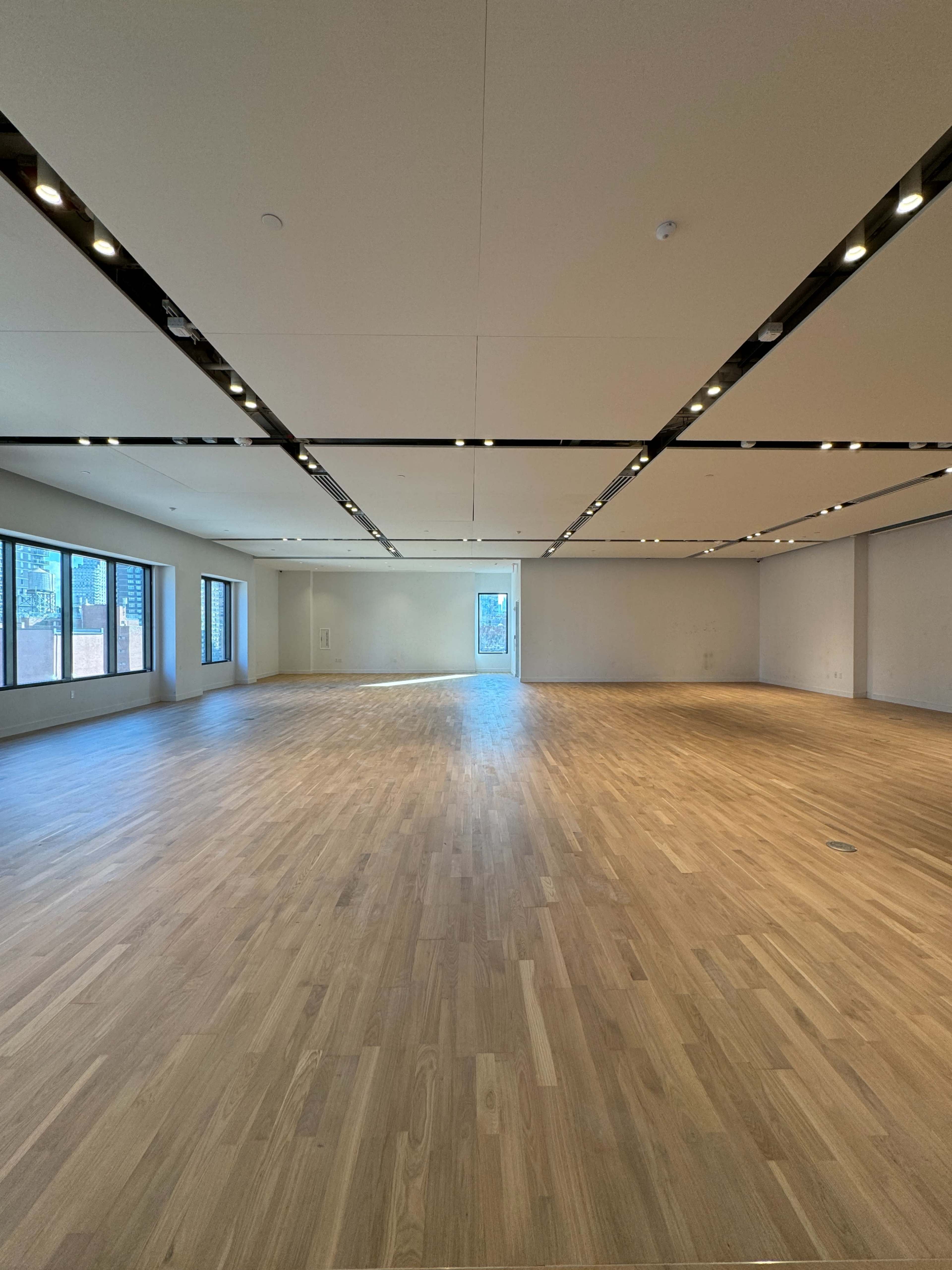 The image shows a spacious, empty room with wooden flooring, large windows on one side, and minimal lighting fixtures on the ceiling.