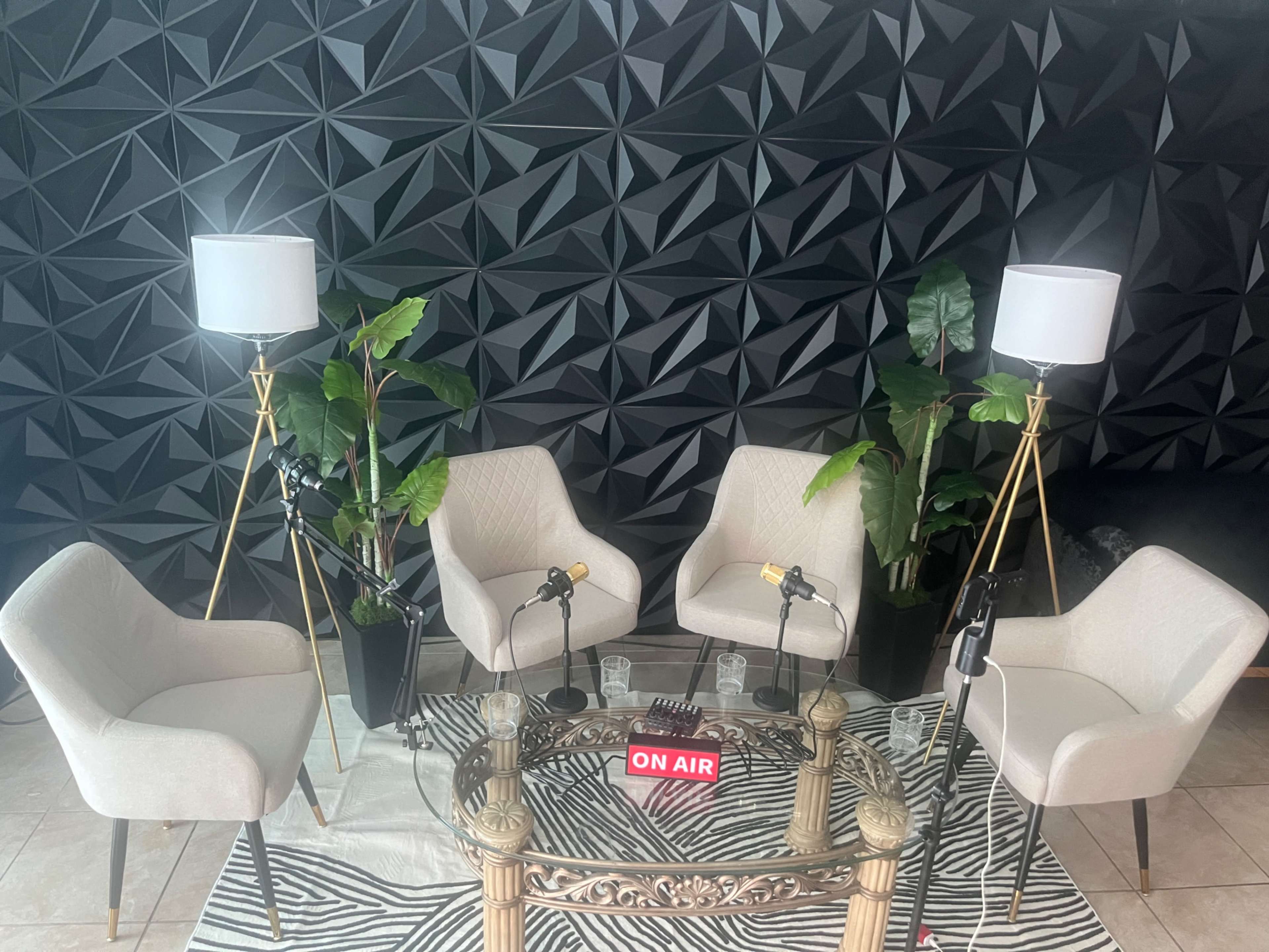 A seating area features four chairs arranged around a glass table with microphones, flanked by floor lamps and decorative plants, against a textured black wall.