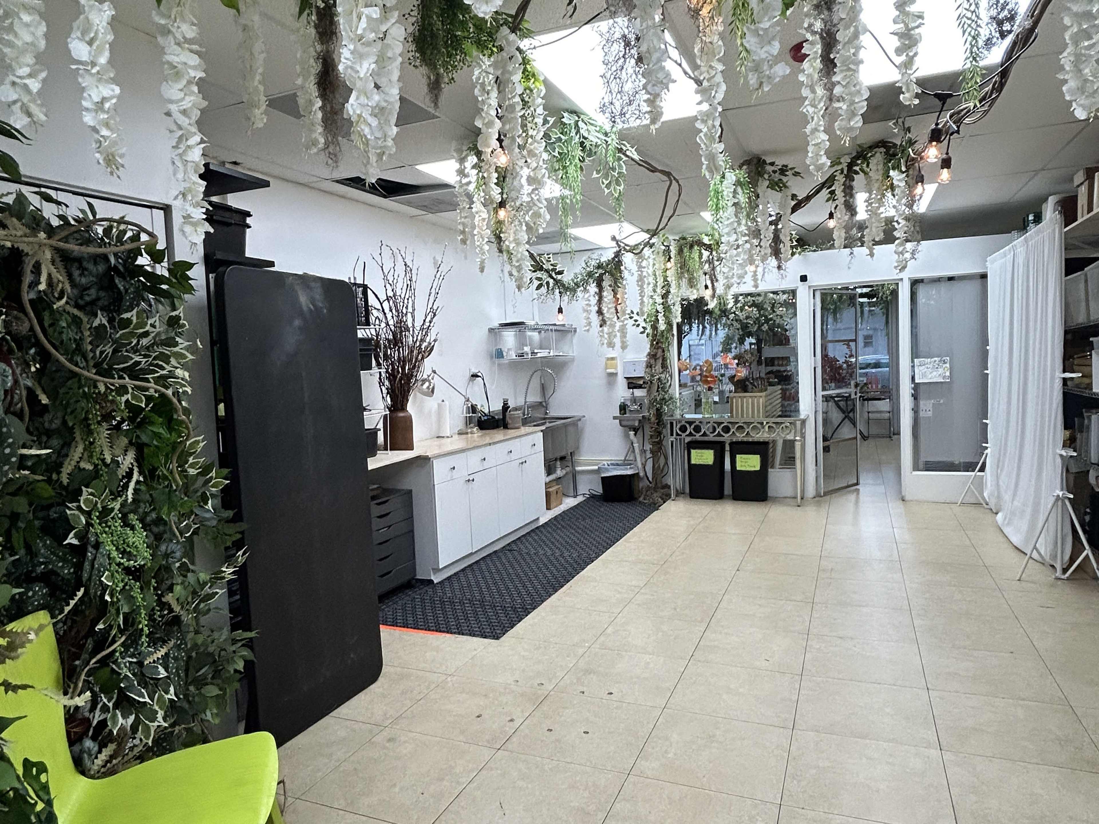 The image shows a spacious, bright room featuring a kitchen area on one side, decorated with greenery hanging from the ceiling and an organized workspace with various supplies.