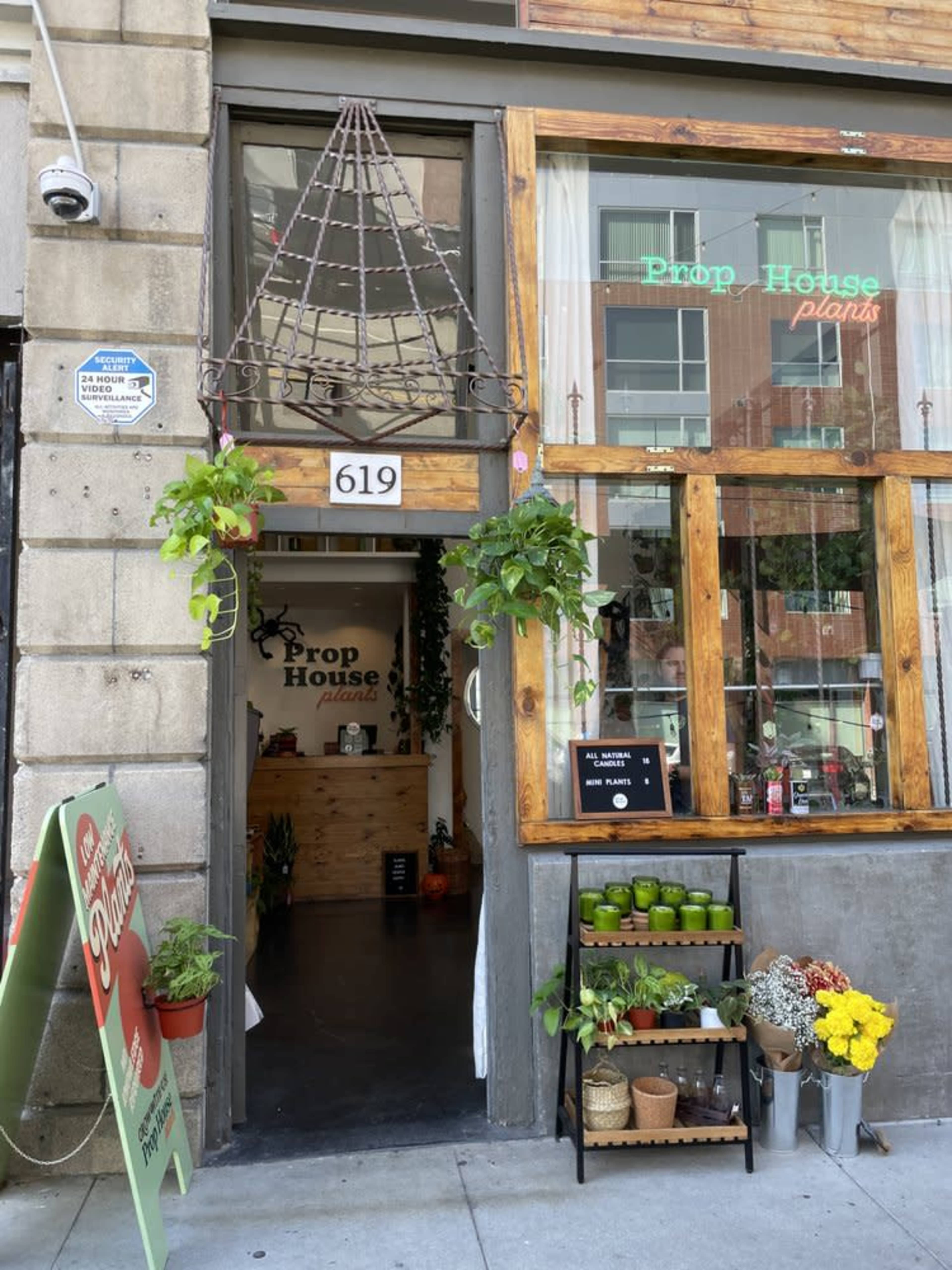The image shows the entrance of a shop called "Prop House," featuring plants for sale and a welcoming display with a menu board outside.