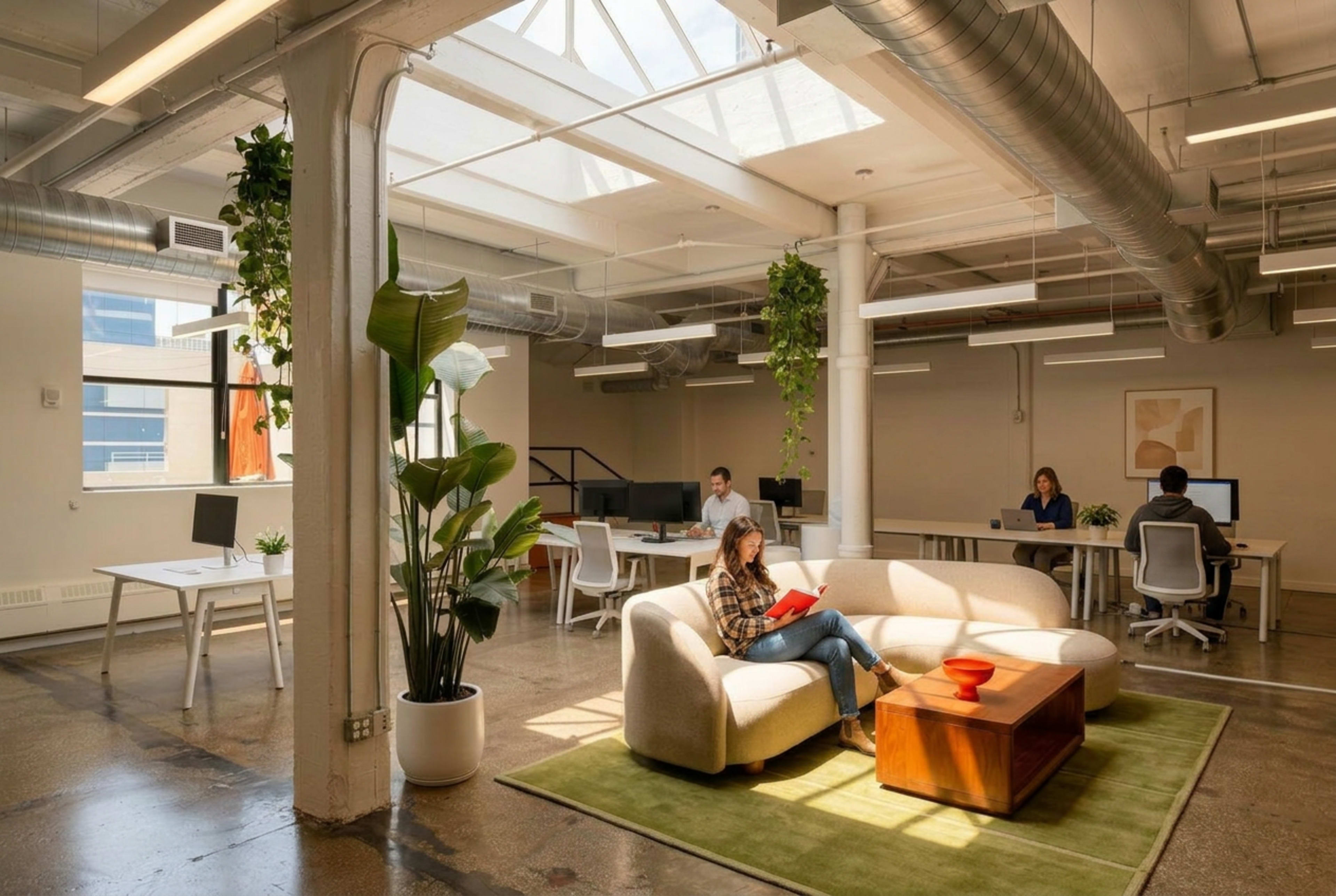 A bright, modern office space features several workstations, a large central seating area with a woman reading, and plants adding greenery to the environment.