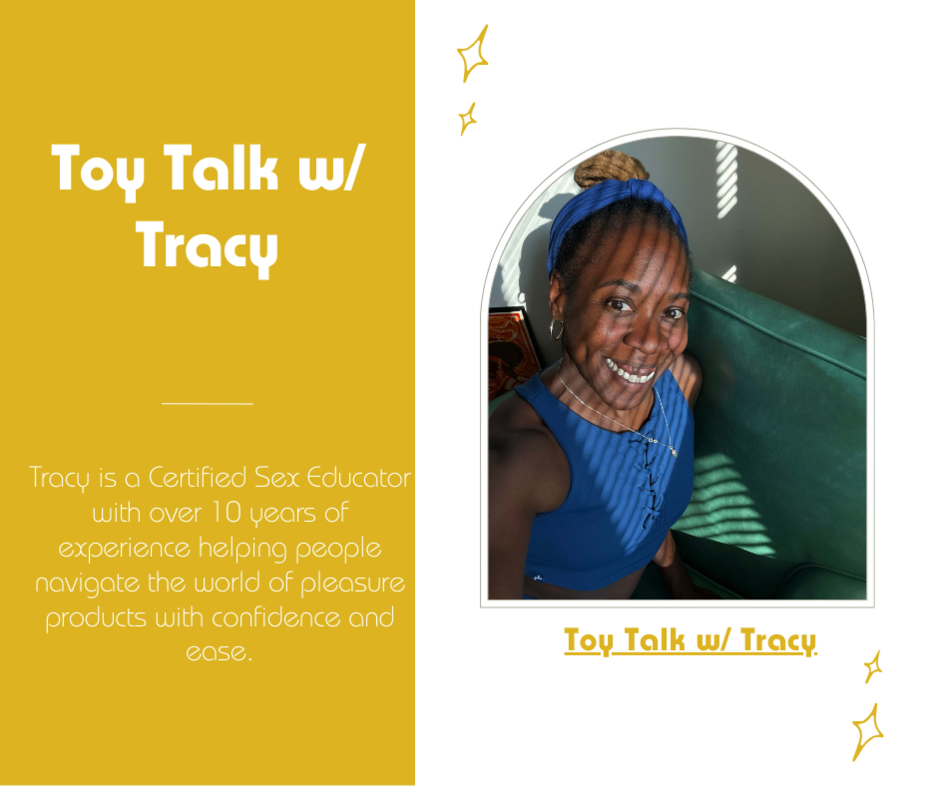 The image features a woman smiling while sitting on a green couch, with light patterns cast on her from nearby window blinds.