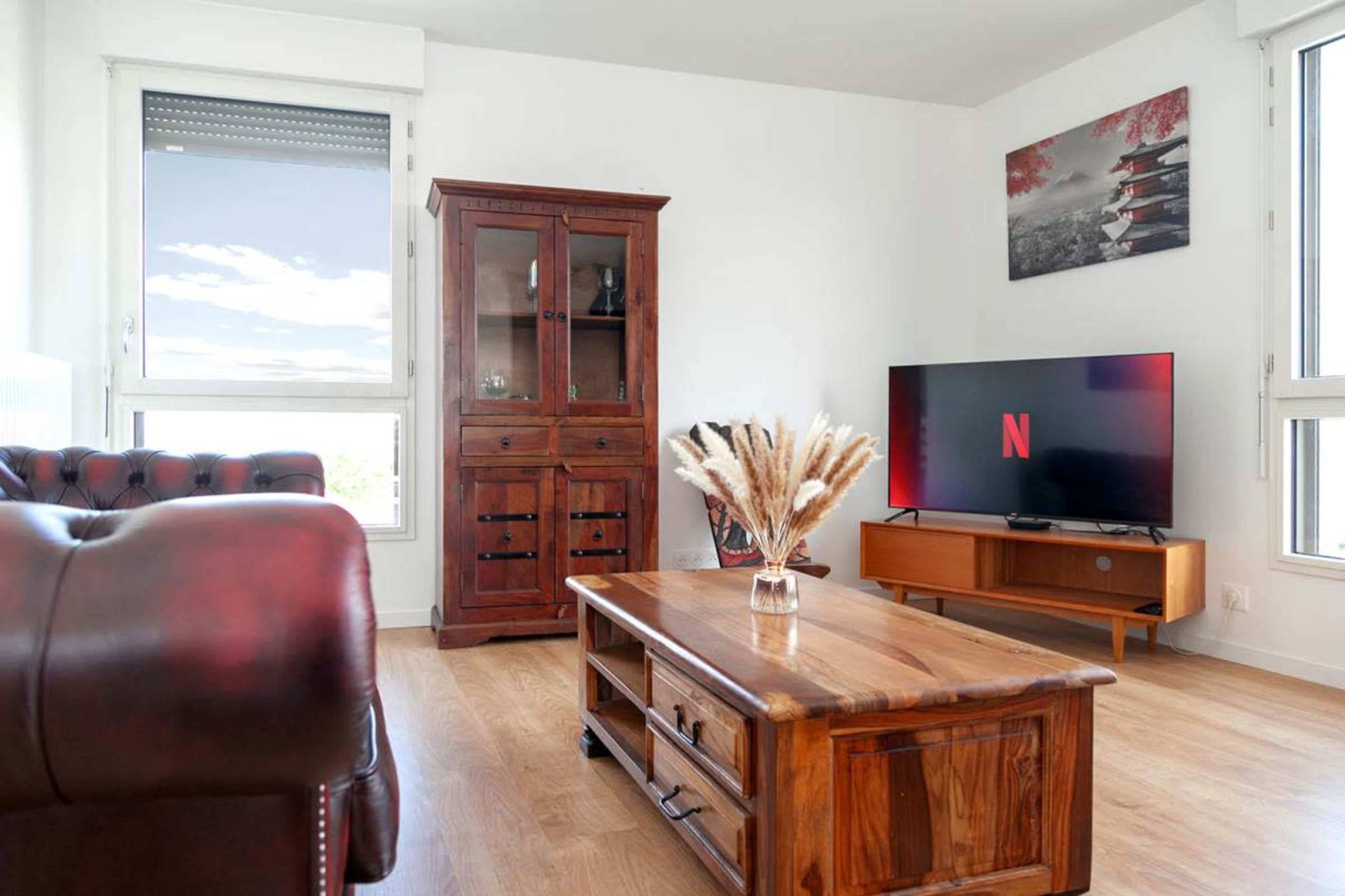 The living room features a leather sofa, a wooden coffee table, a television stand with a TV displaying the Netflix logo, and a decorative cabinet.
