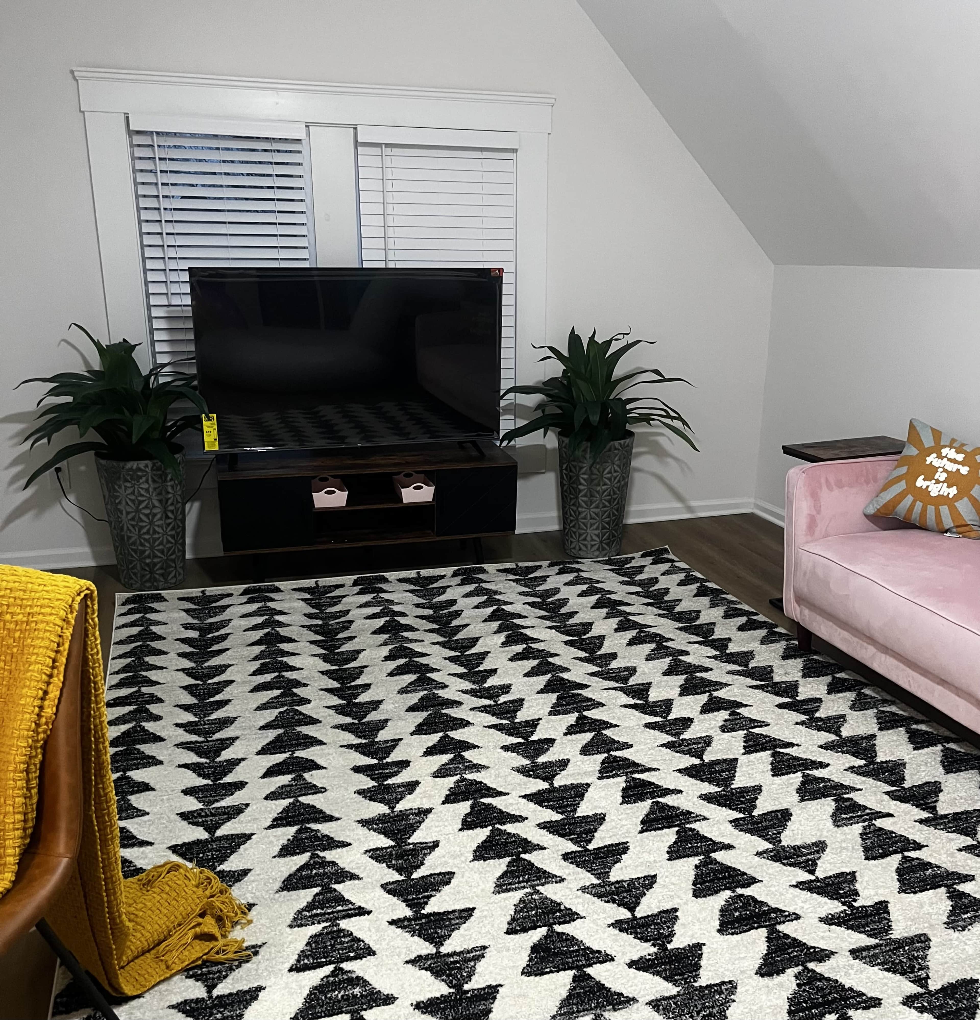 A modern living room with a pink sofa, a television cabinet, potted plants, and a patterned area rug on the floor.