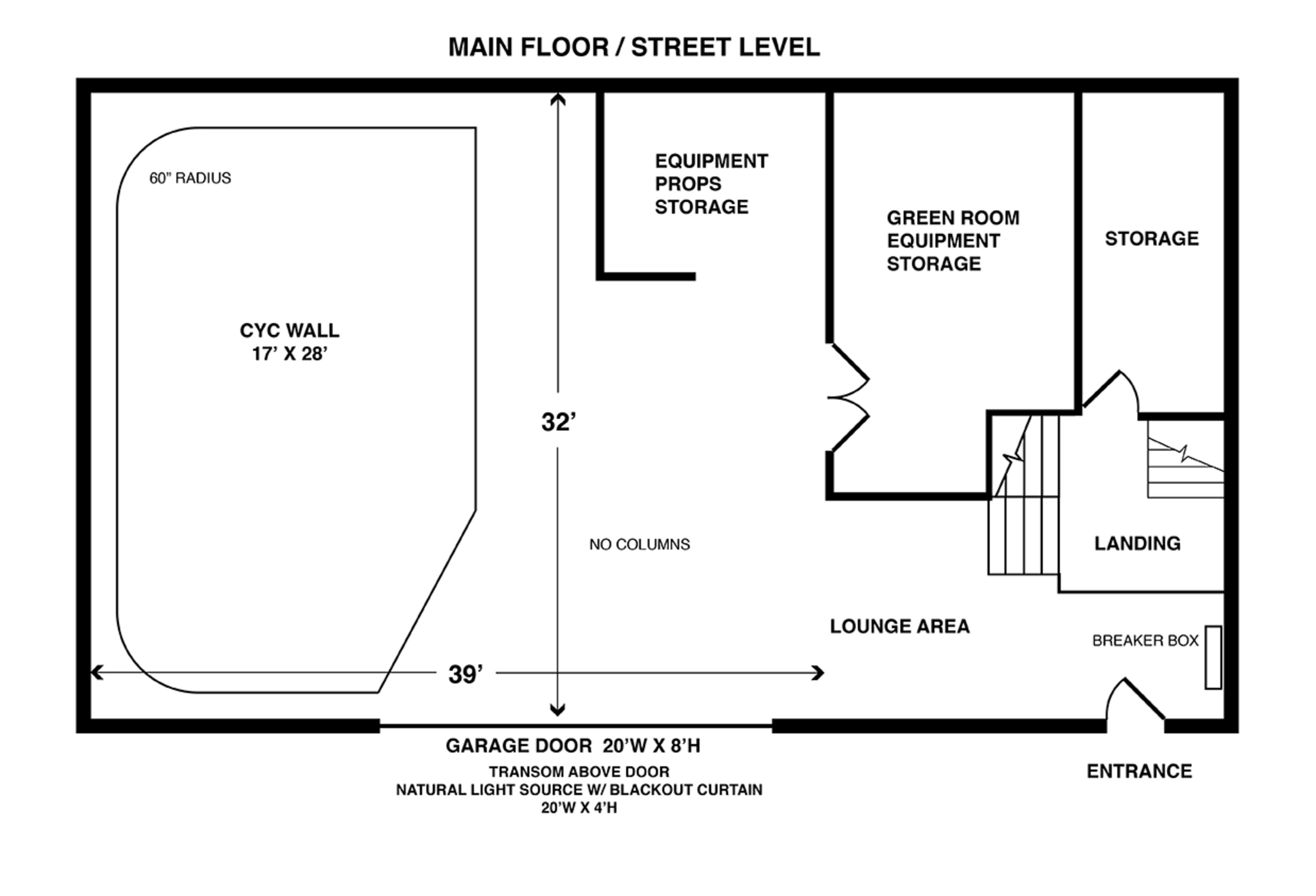 The diagram illustrates the layout of a main floor, featuring a cyc wall, storage areas, a lounge area, a garage door, and an entrance.