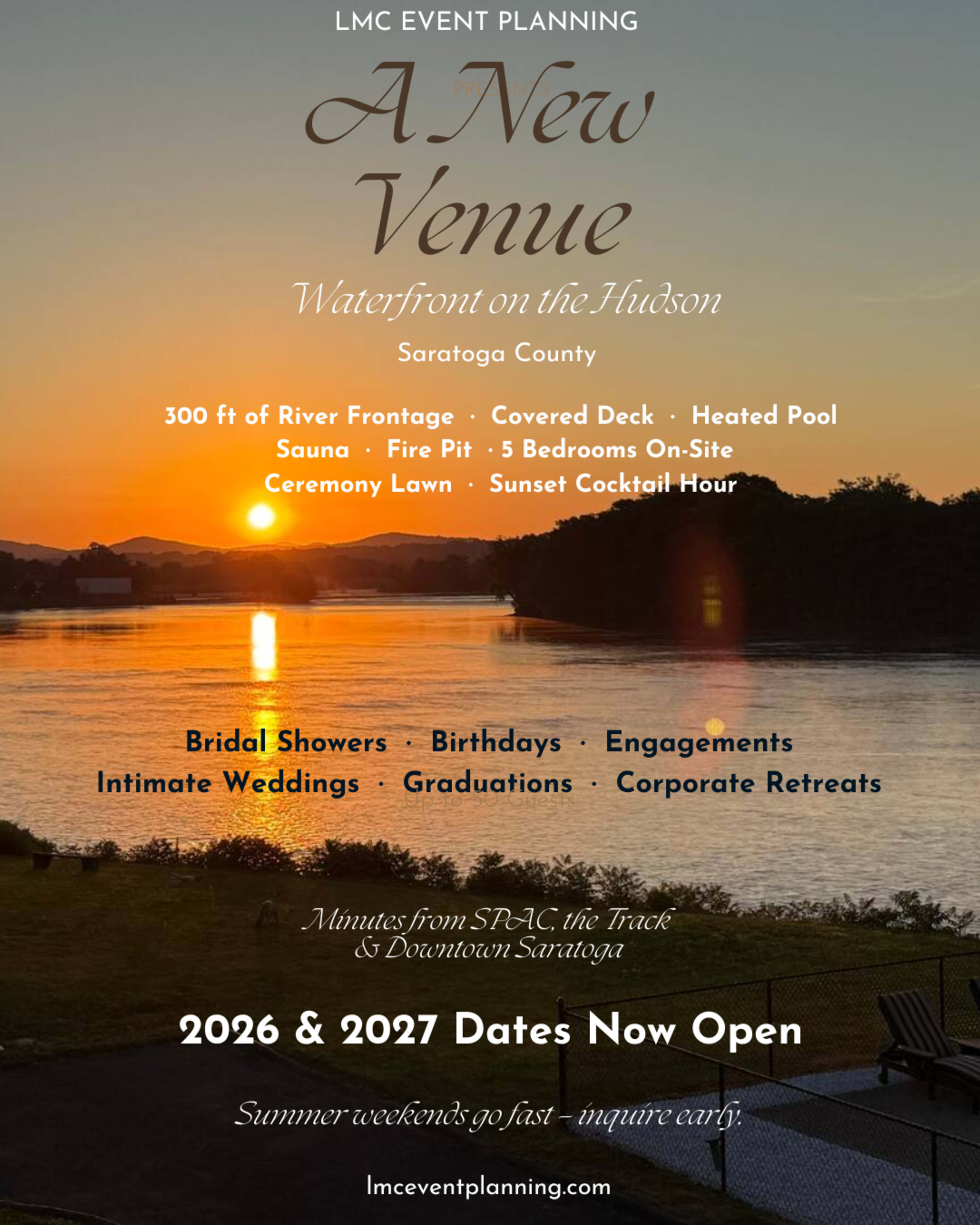 The image is a promotional poster for an event venue highlighting its features, including a riverfront view, outdoor deck, and various types of gatherings.