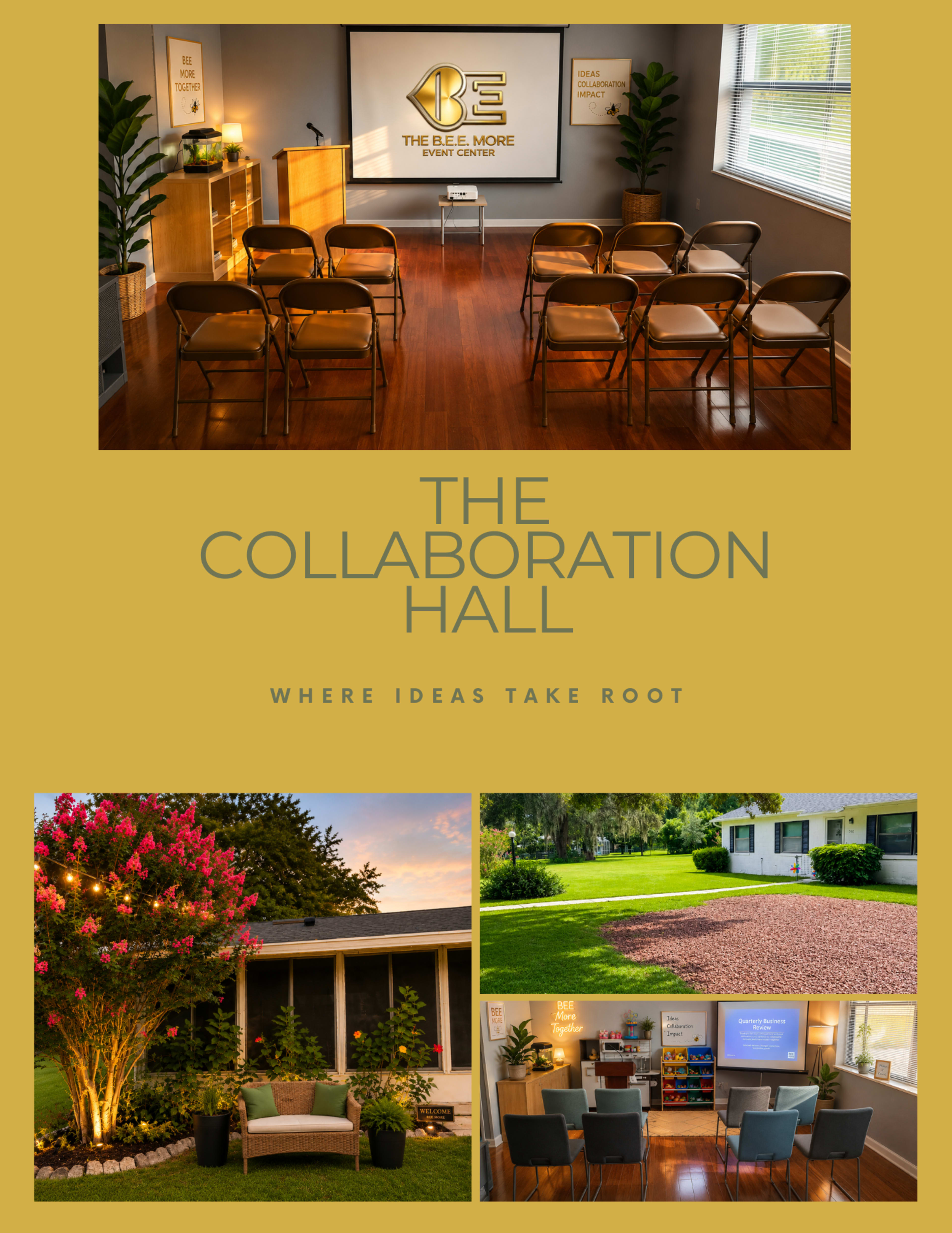 The image features a venue called "The Collaboration Hall," showcasing a presentation area with chairs, a garden space, and a well-maintained exterior.