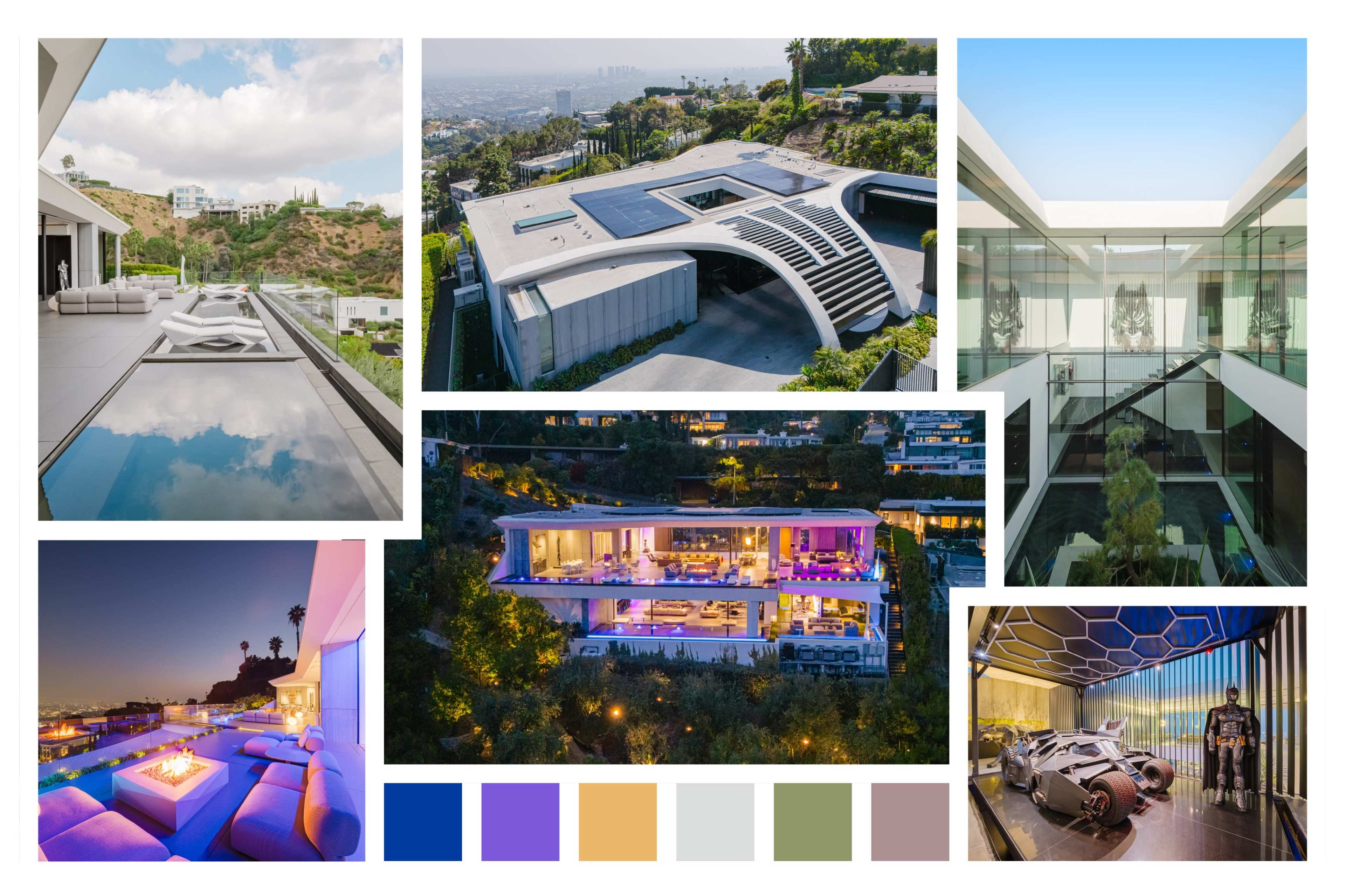 A modern luxury home, featuring sleek architectural lines, expansive glass windows, and a rooftop view of a city skyline.