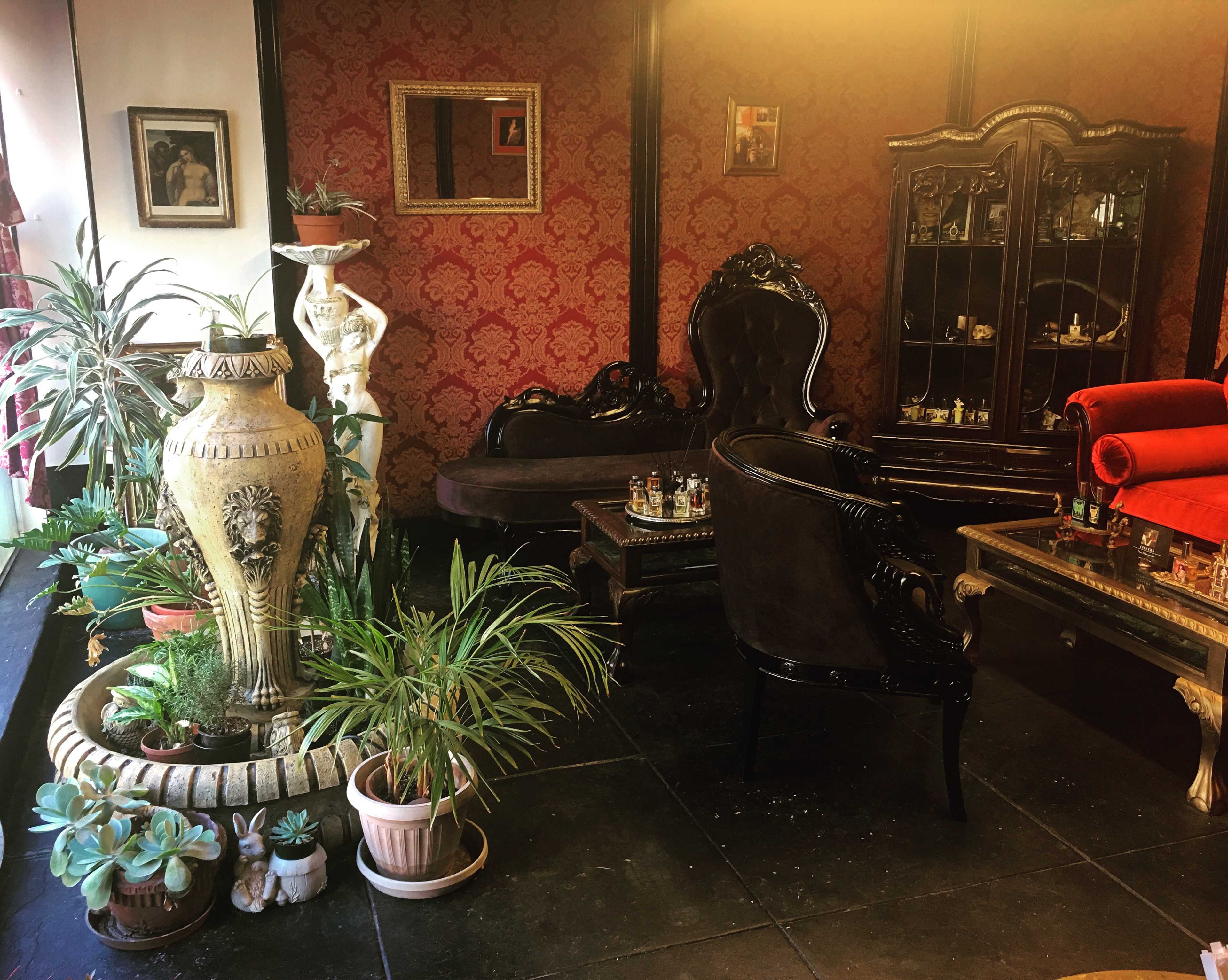 A richly decorated interior with ornate furniture, including a black leather sofa and a glass display cabinet, surrounded by plants and decorative items.