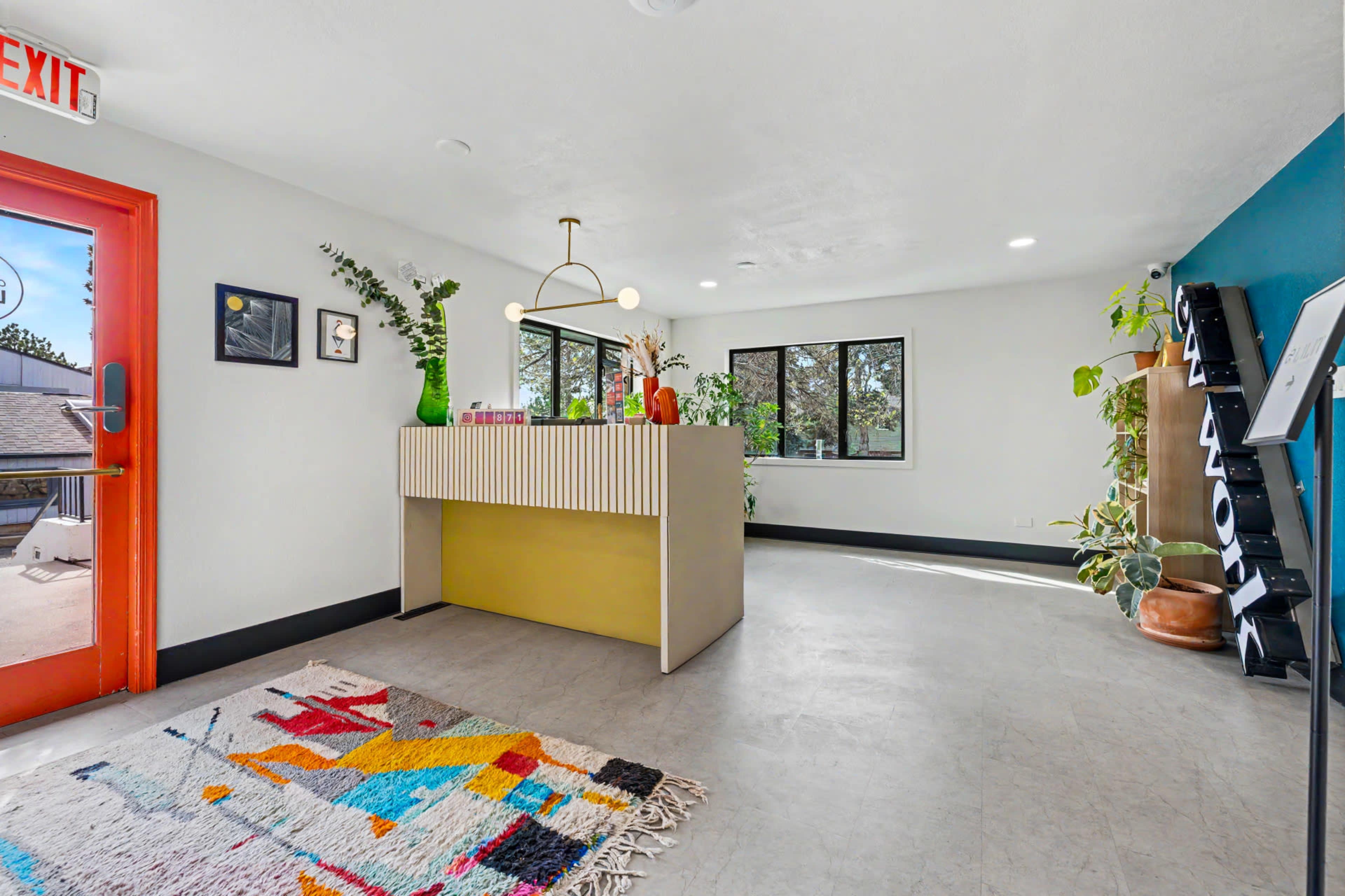 The image shows a modern reception area with a wooden front desk, large windows, and plants, along with colorful decor including a patterned rug.