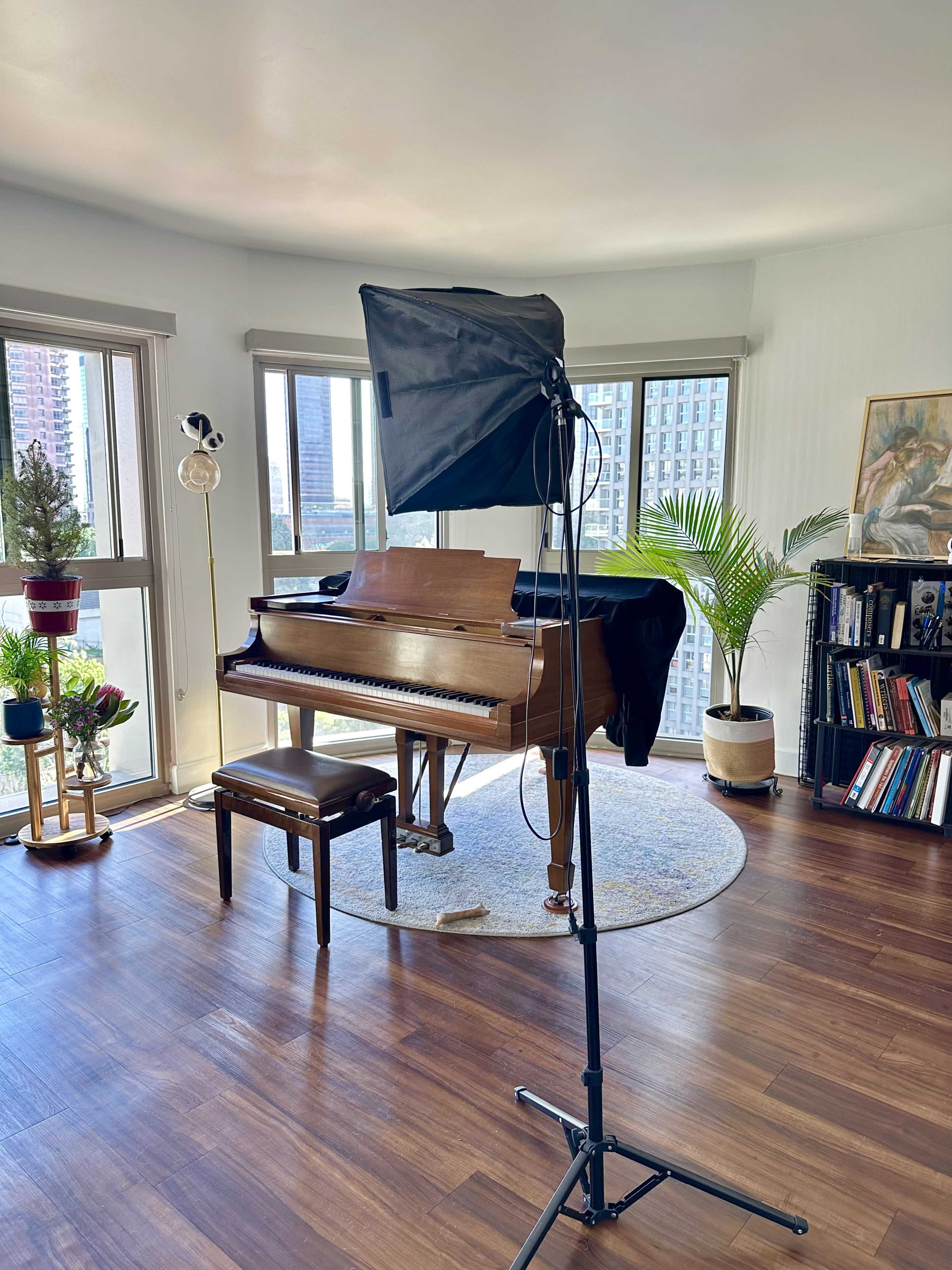 The image shows a well-lit room featuring a grand piano, a stool, and a photography light setup, surrounded by large windows and decorative plants.
