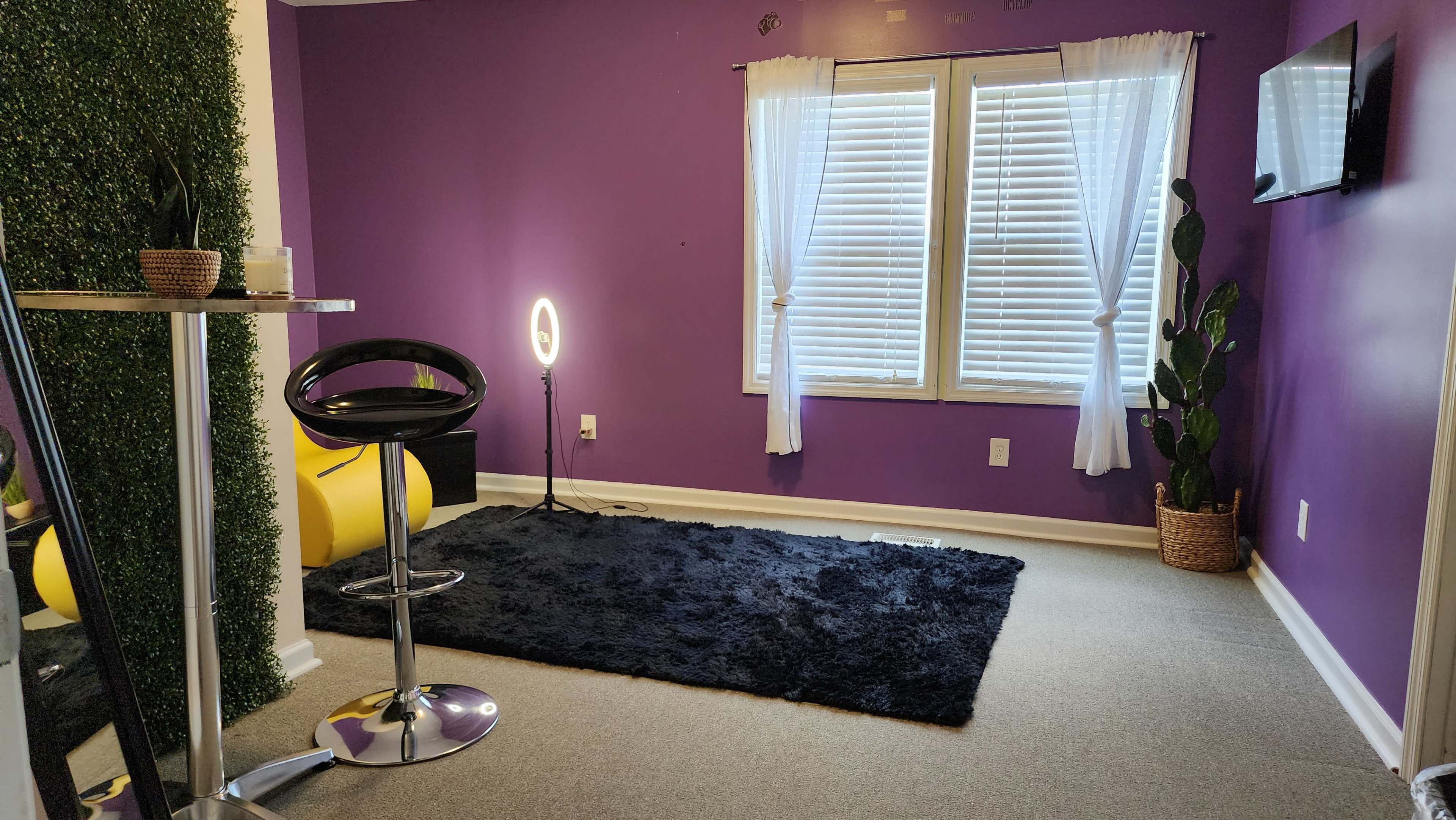 The room features purple walls, a black rug, a tall stool, a ring light, and a potted plant near a window with white curtains.