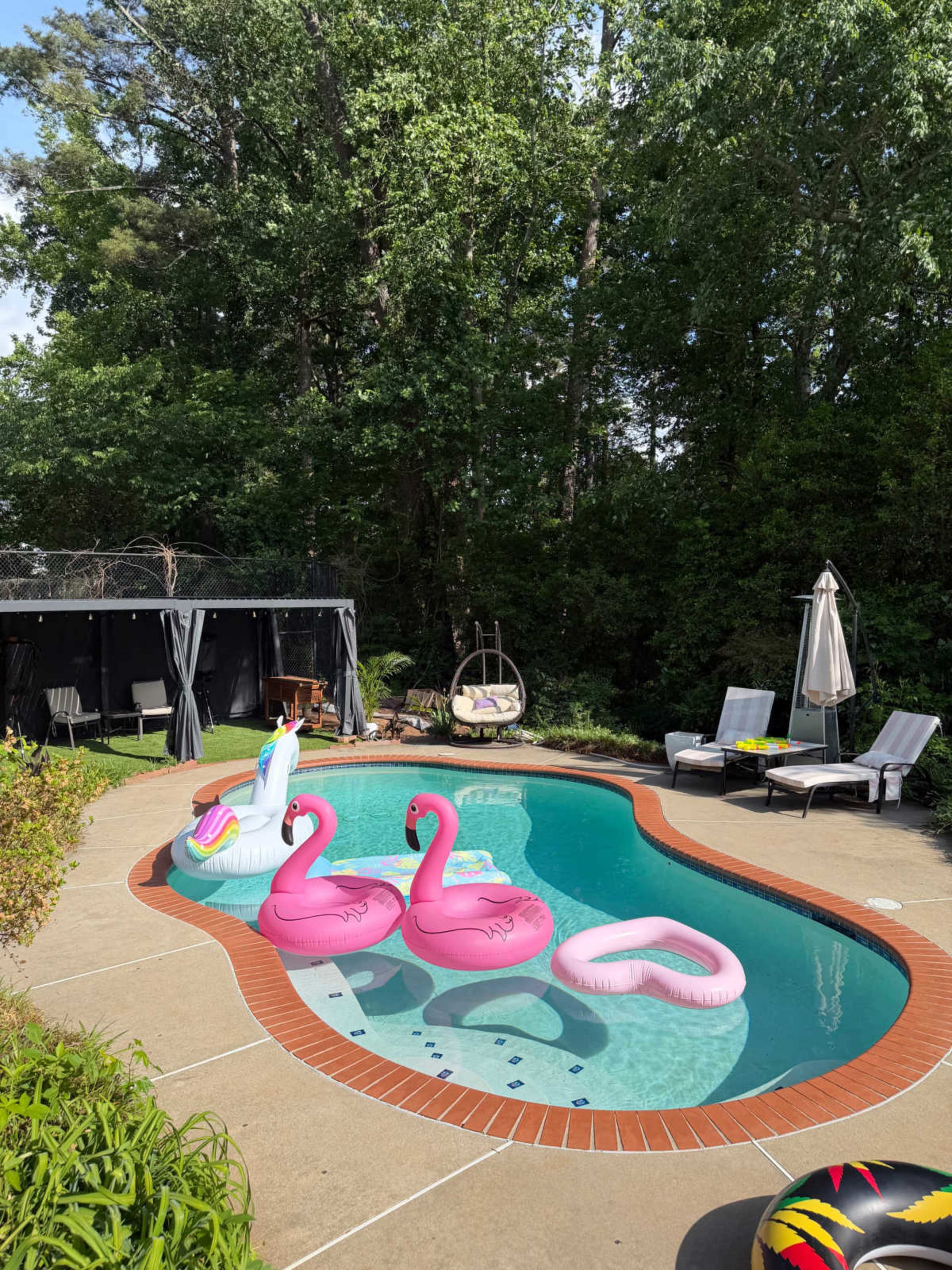 The image shows a backyard pool surrounded by lounge chairs and inflatable floats, including pink flamingos and a heart shape.