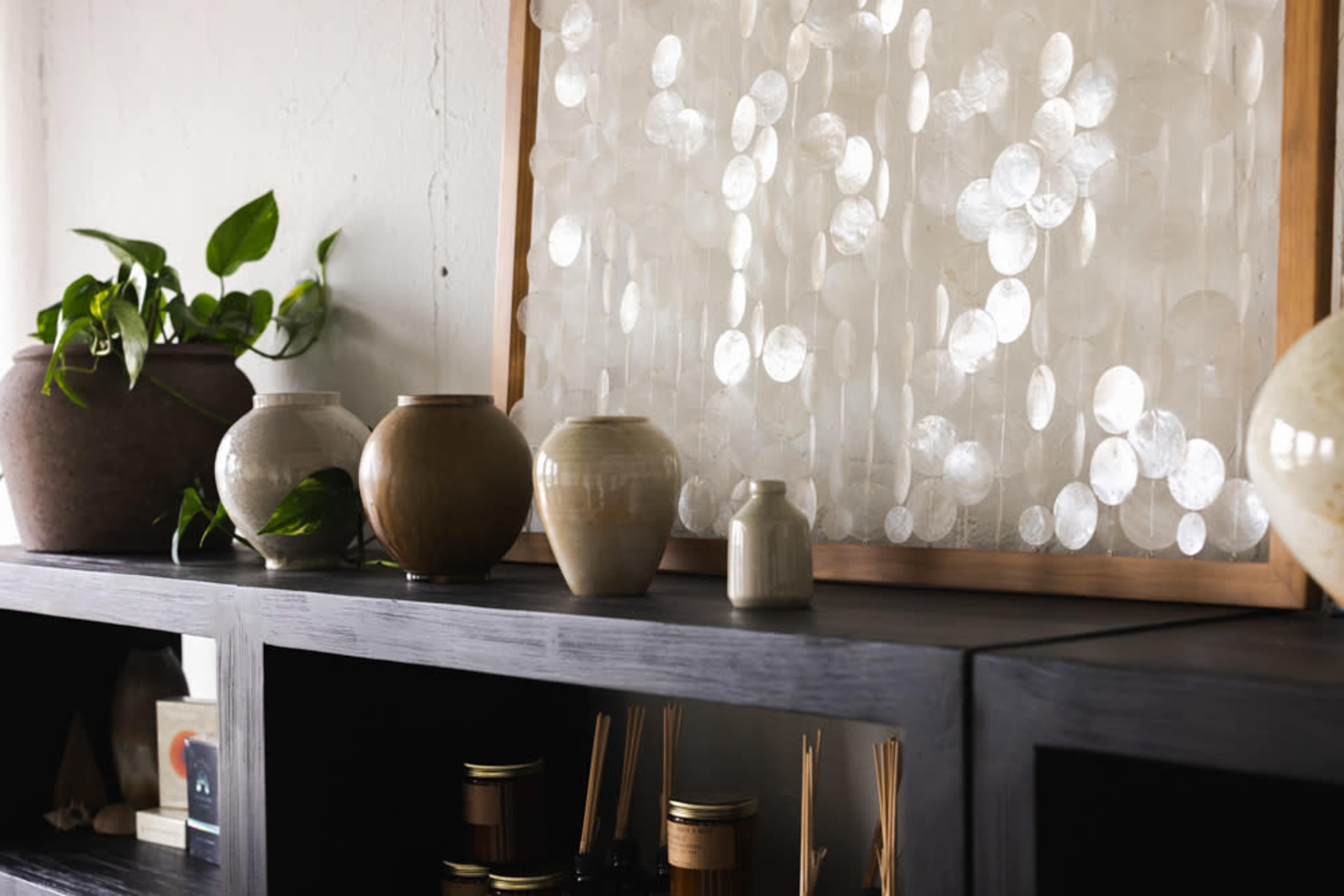 The image features a minimalist display of various ceramic vases on a shelf, accompanied by a potted plant and a framed artwork.