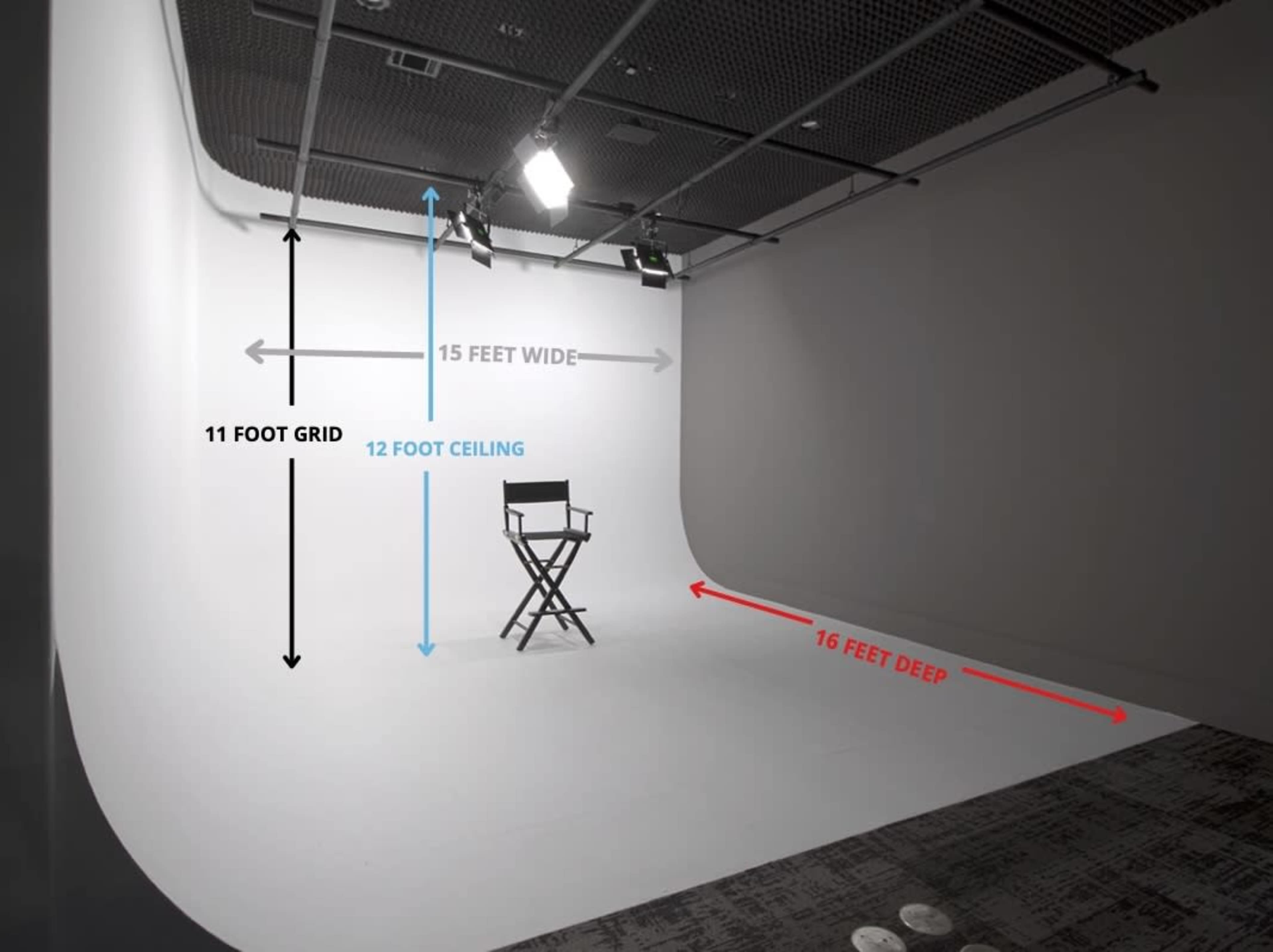 The image shows a photography studio with a curved backdrop, a director's chair in the center, and dimensions indicated for the grid, ceiling height, and room depth.
