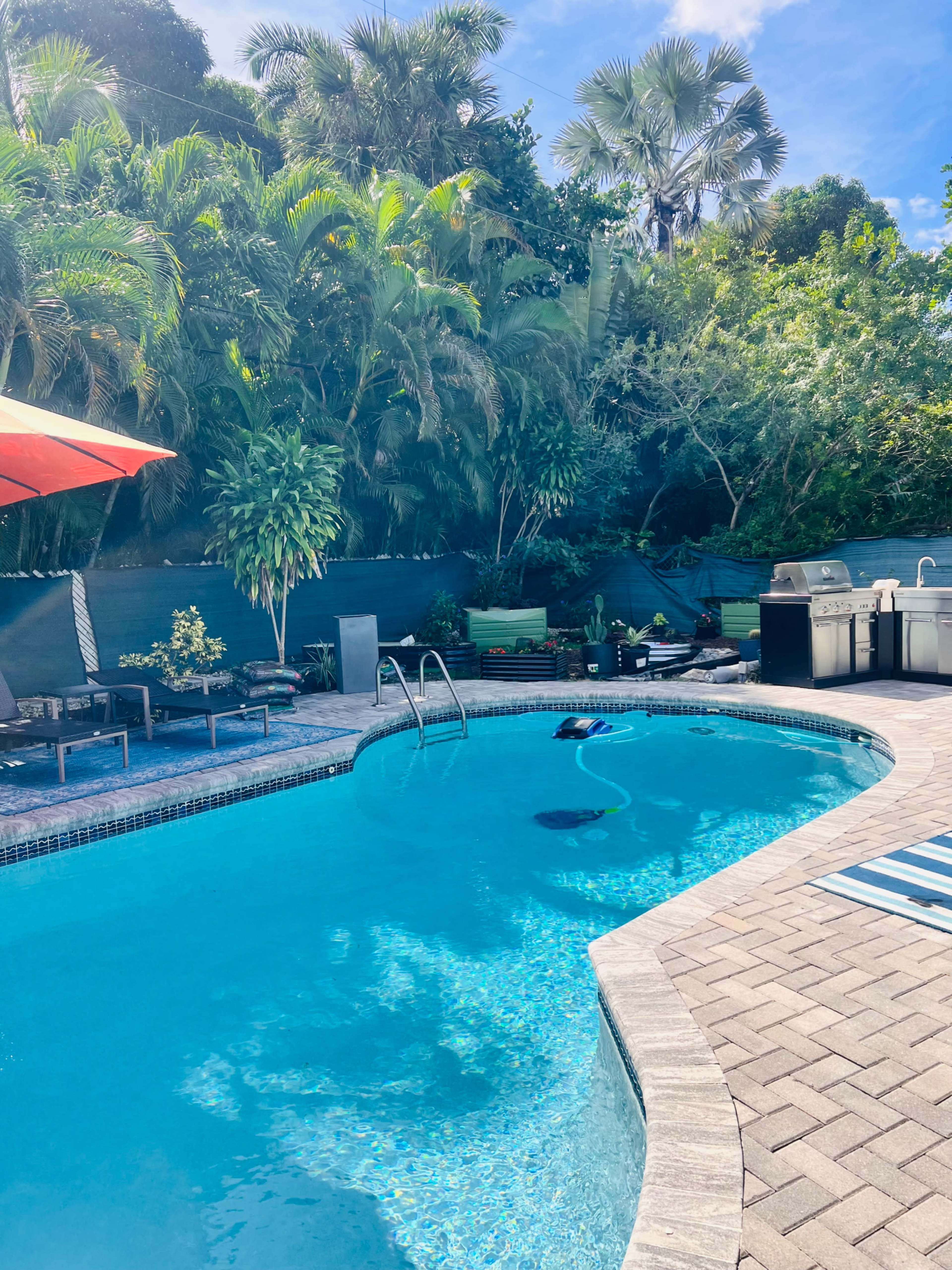 The image shows a swimming pool surrounded by lush greenery, with patio loungers and a barbecue area visible in the background.