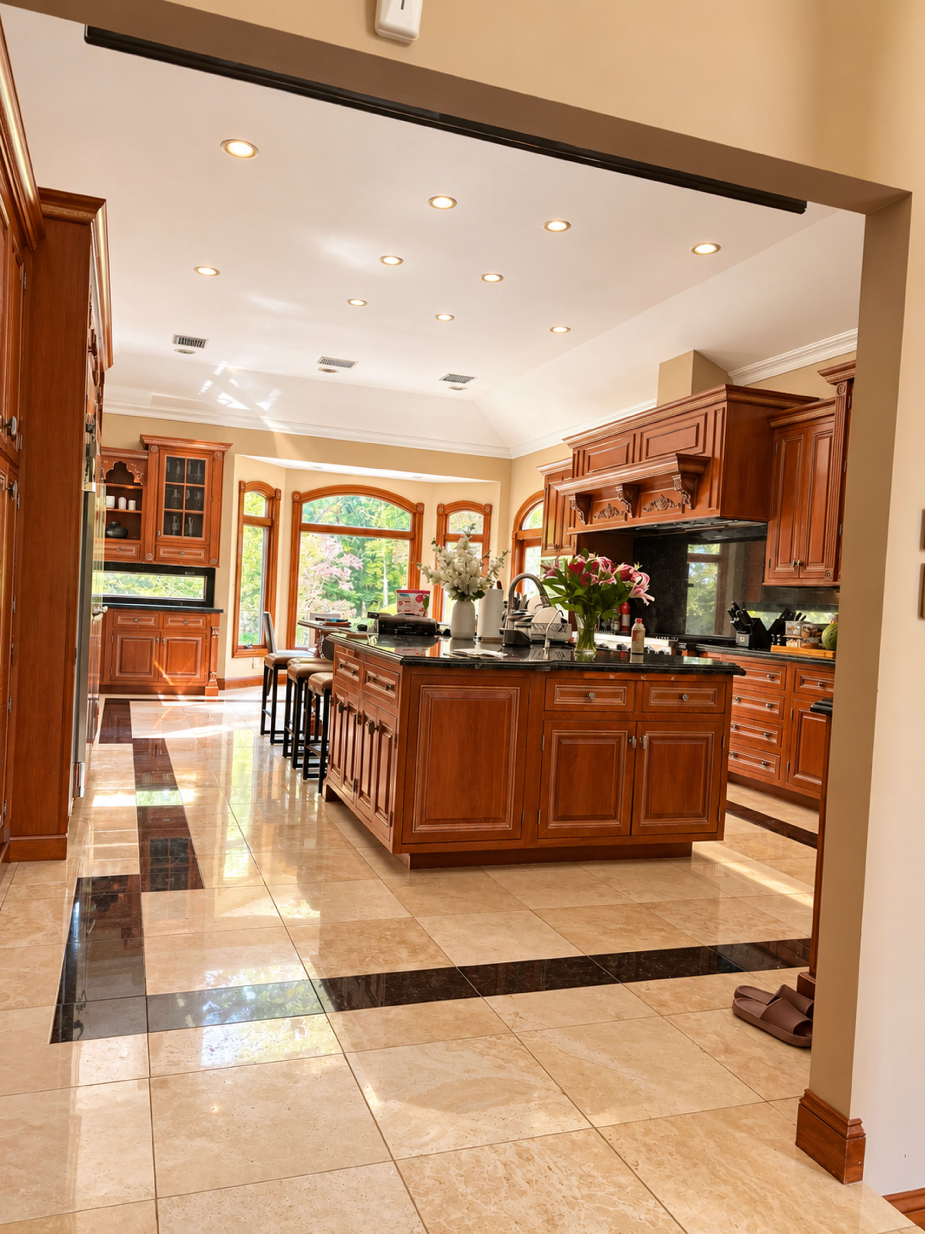 The image shows a spacious kitchen with wooden cabinetry, a central island with bar stools, and tiled flooring featuring a black and cream pattern.