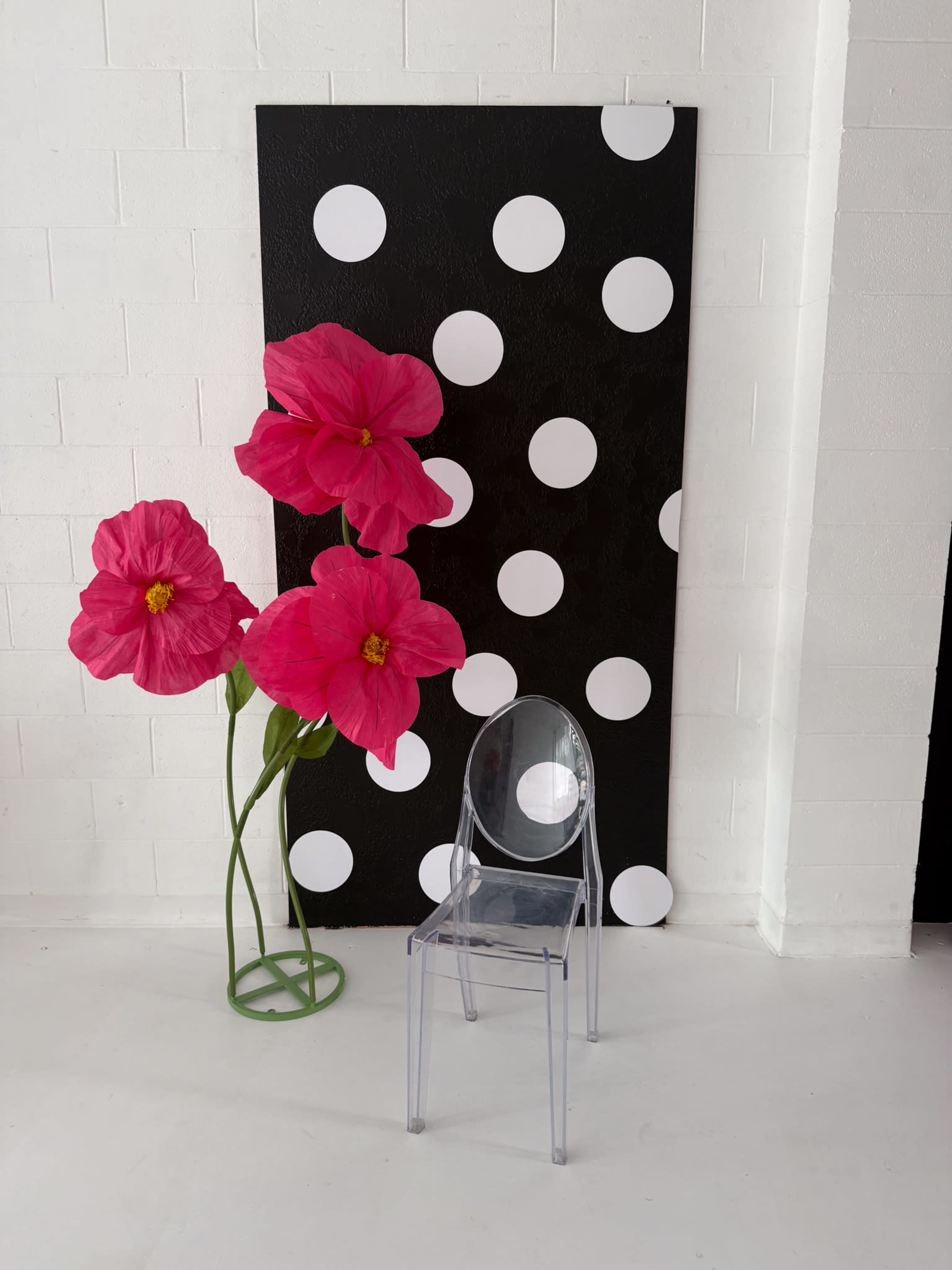 A clear acrylic chair is placed beside a large black panel with white polka dots and two oversized pink flowers.