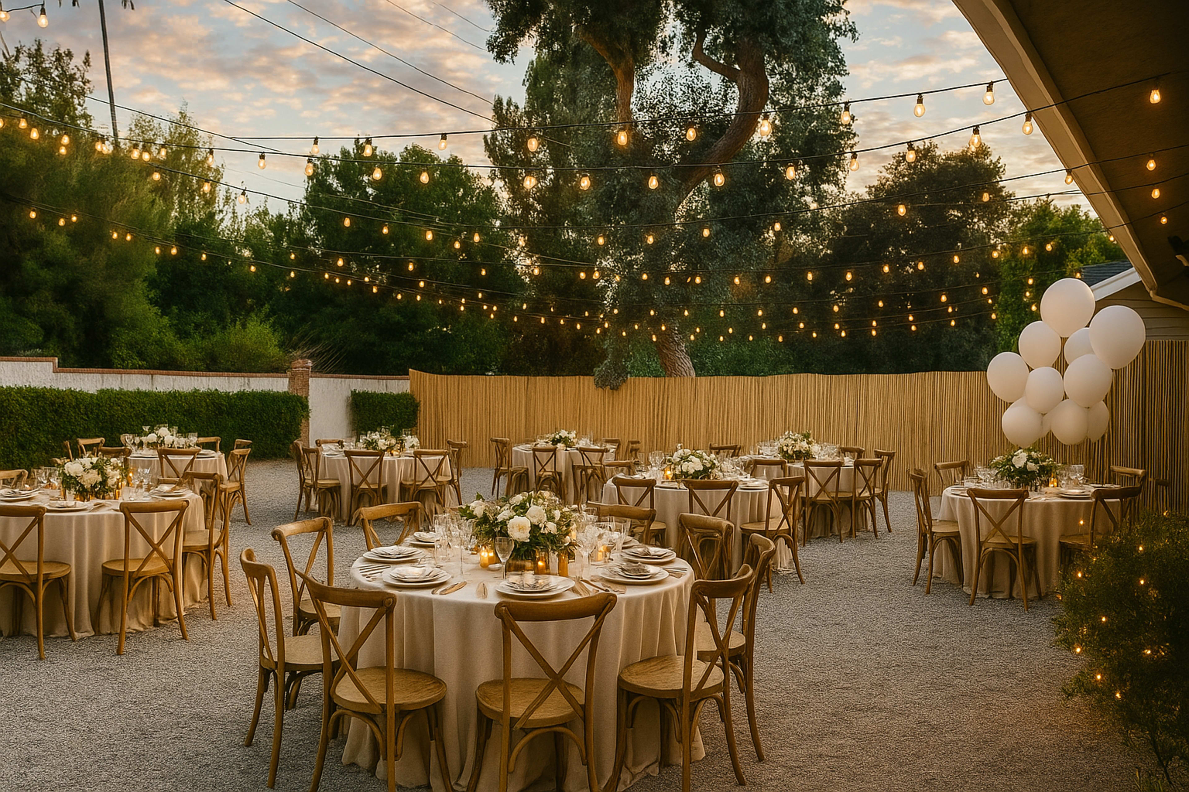 A festive outdoor dining area features neatly arranged round tables adorned with floral centerpieces, illuminated by string lights overhead during dusk.