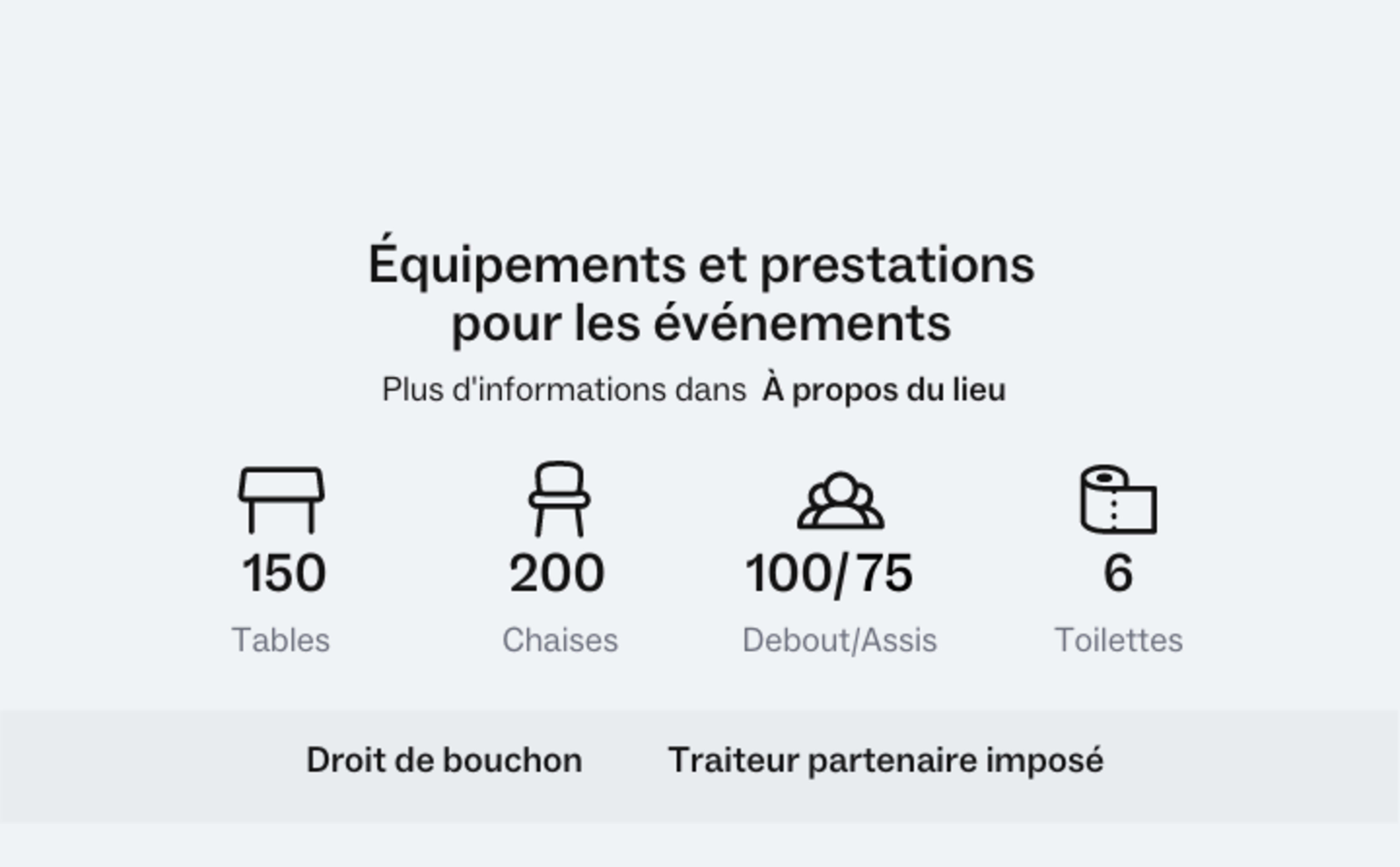 The image displays a section titled "Équipements et prestations pour les événements," listing quantities of tables, chairs, standing/seated options, and toilet facilities.