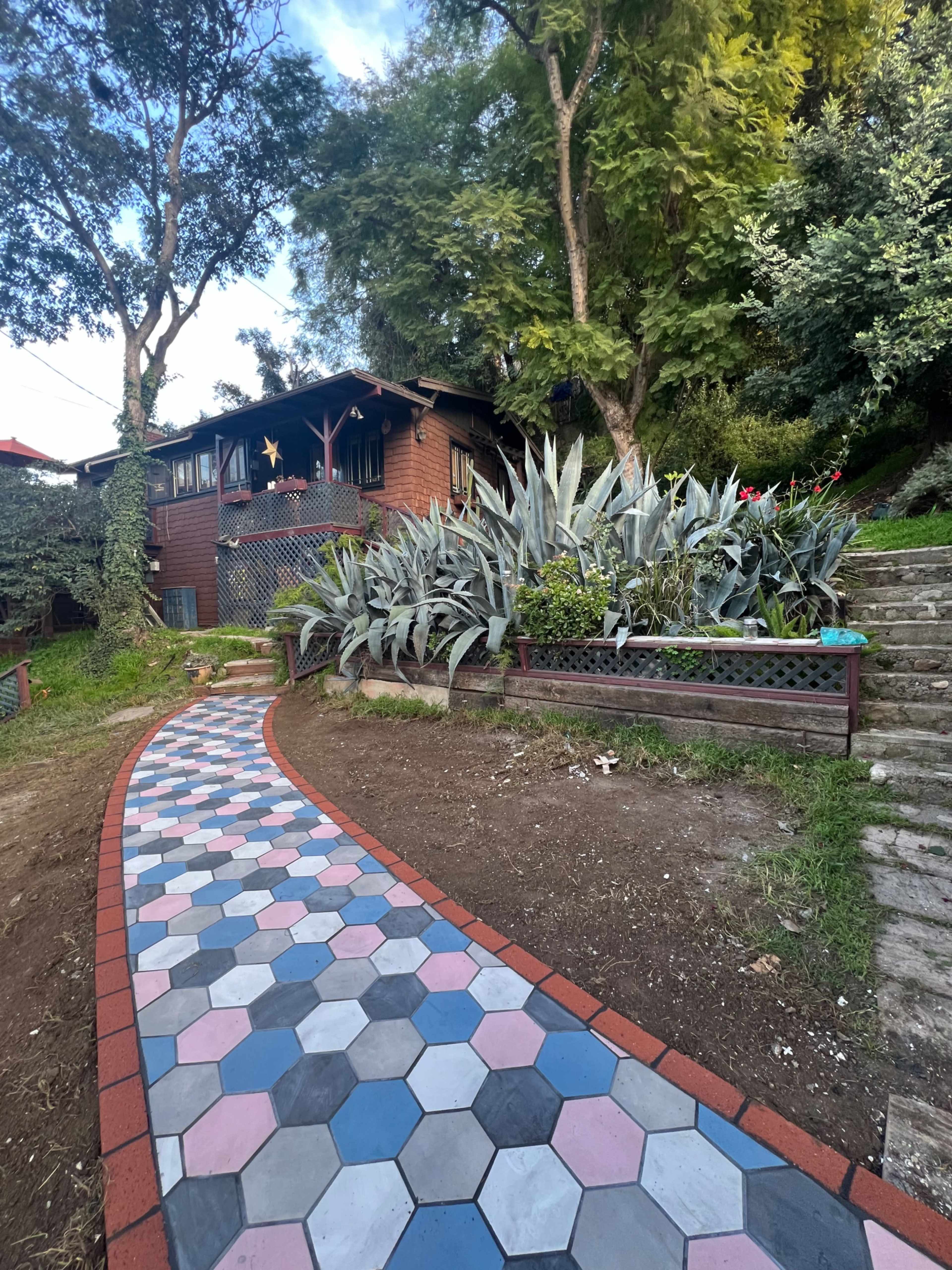 A winding, hexagonal-patterned walkway leads to a wooden house surrounded by lush greenery and various plants.