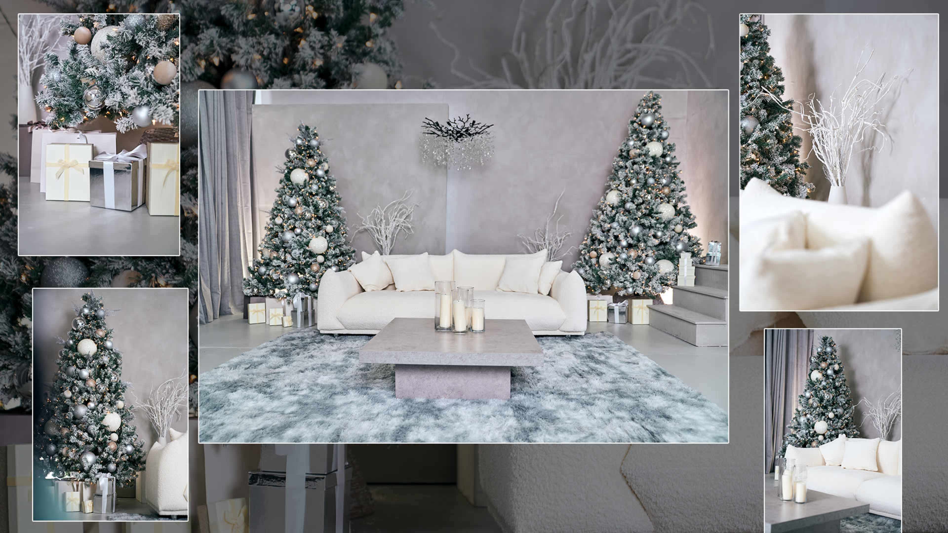 The image features a modern living room decorated for the holidays, showcasing two Christmas trees, wrapped gifts, and a cozy seating area surrounded by festive decor.