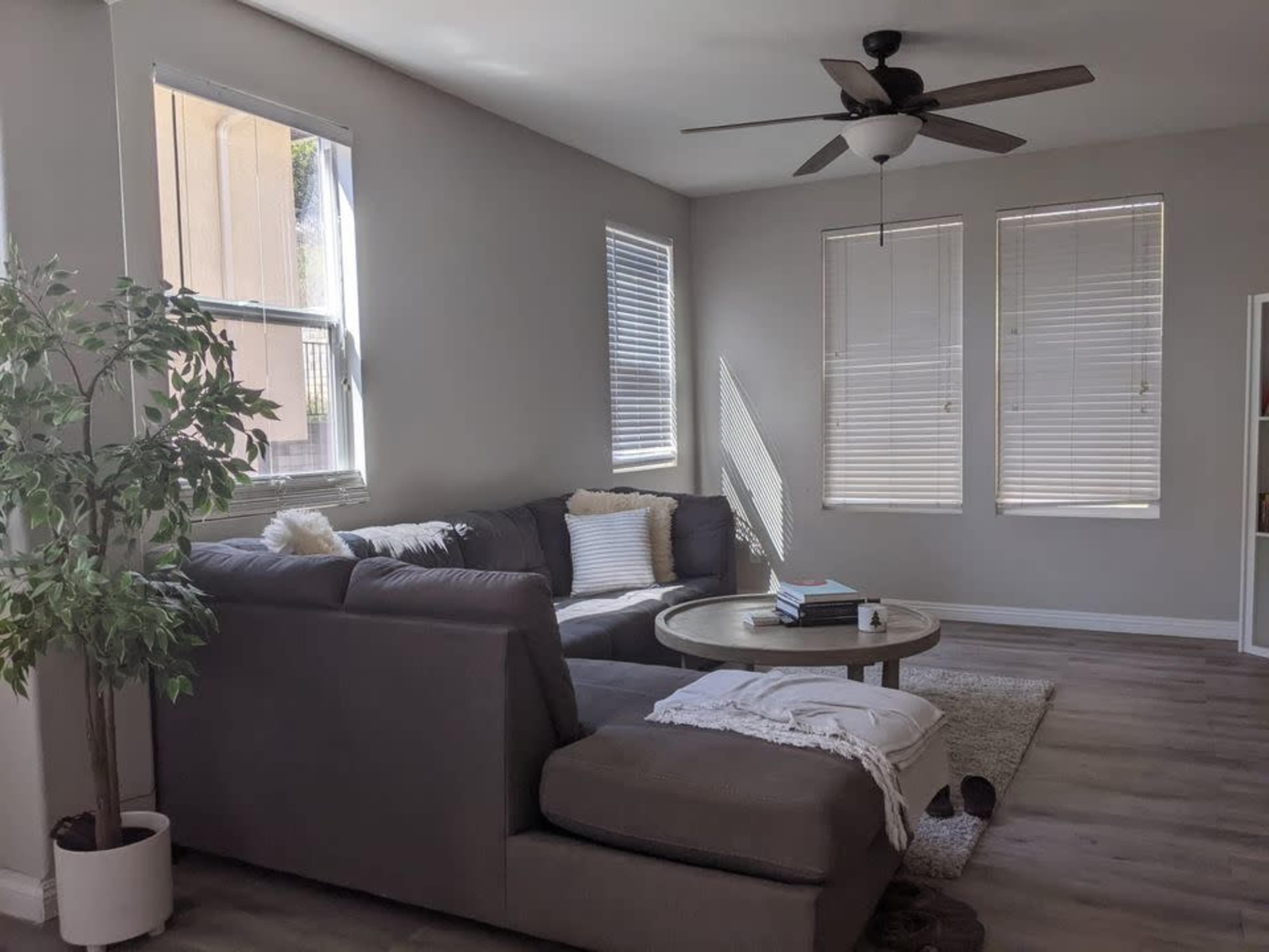 The image shows a modern living room with a gray sectional sofa, a round coffee table, and several windows with blinds.