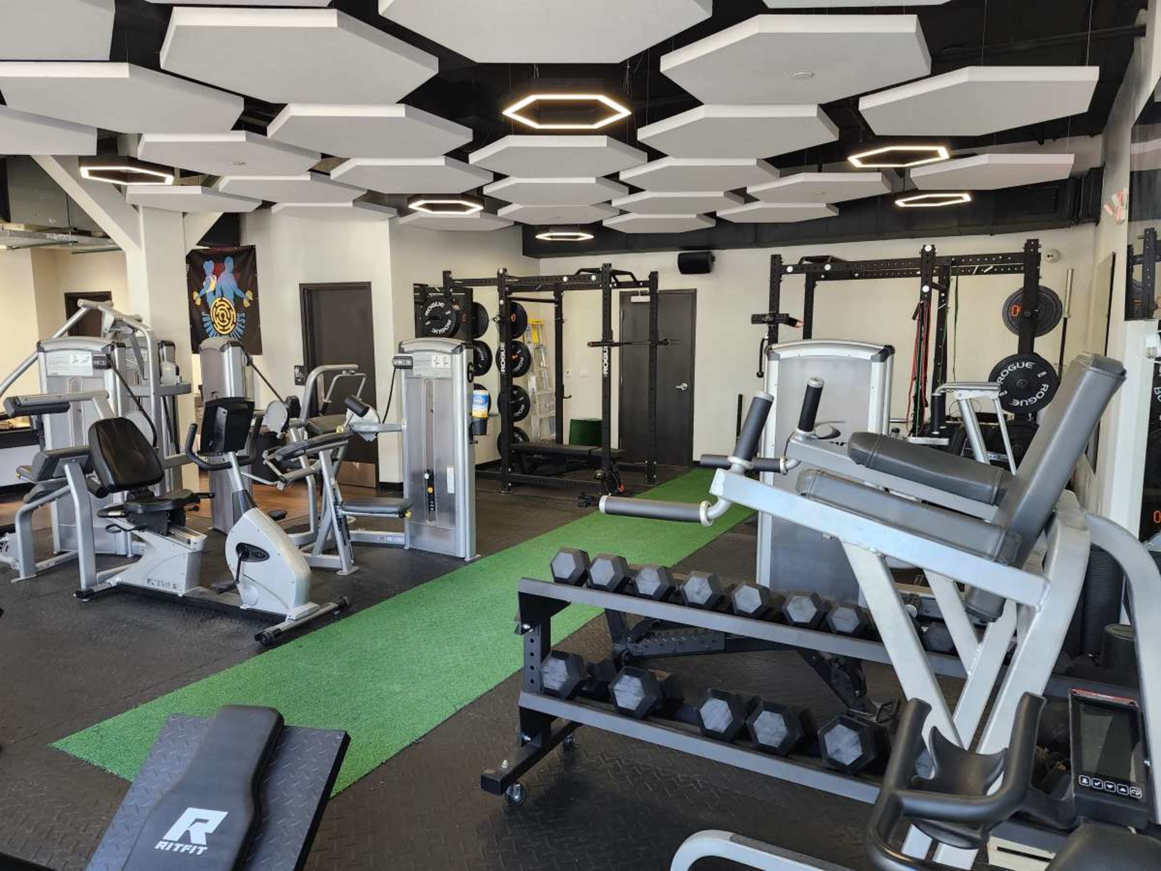 The image shows a modern gym with various exercise machines, free weights, and turf flooring arranged in a well-lit space.