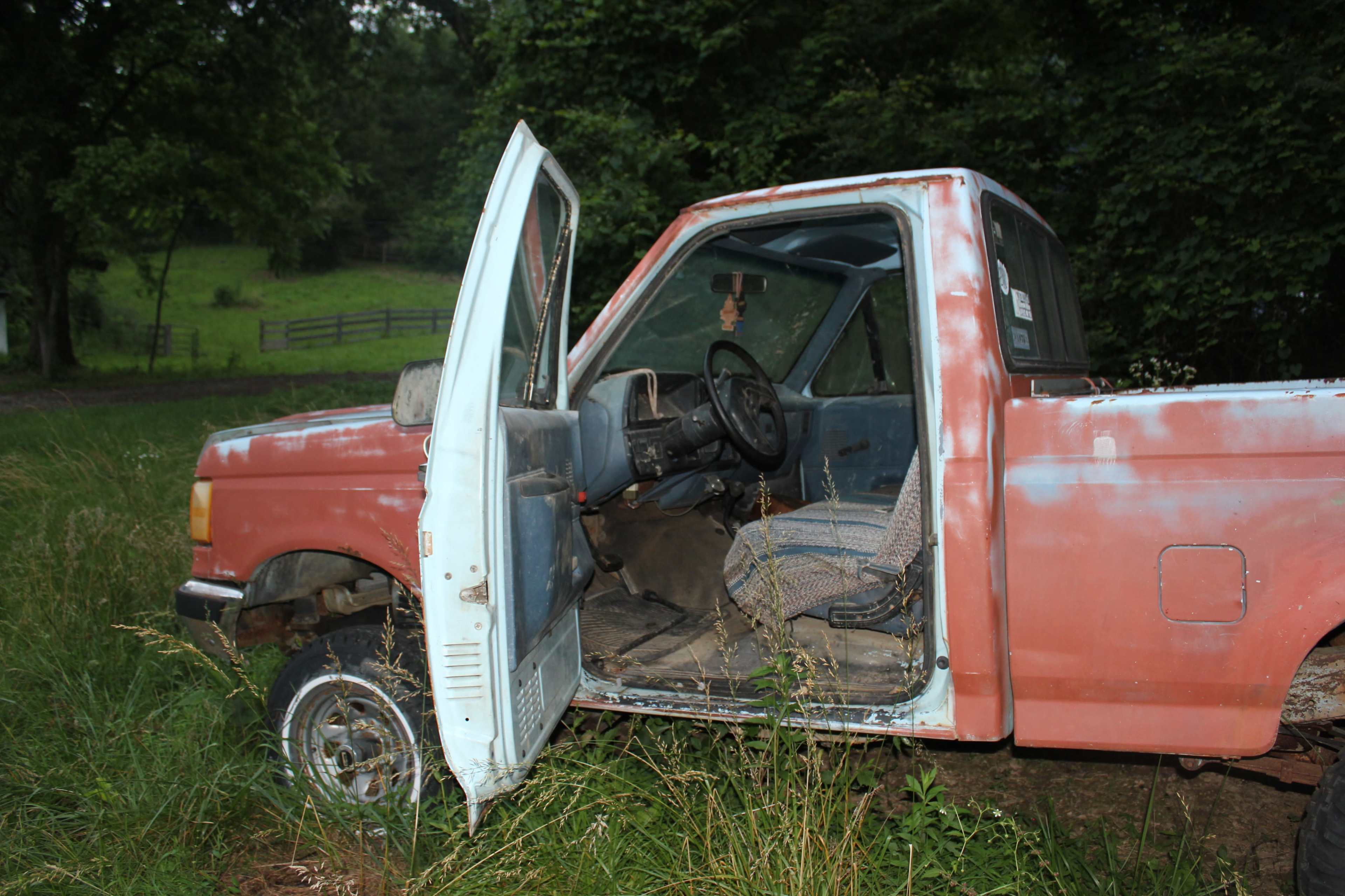 An old, rusted pickup truck sits abandoned with its driver’s door open, surrounded by tall grass and trees.