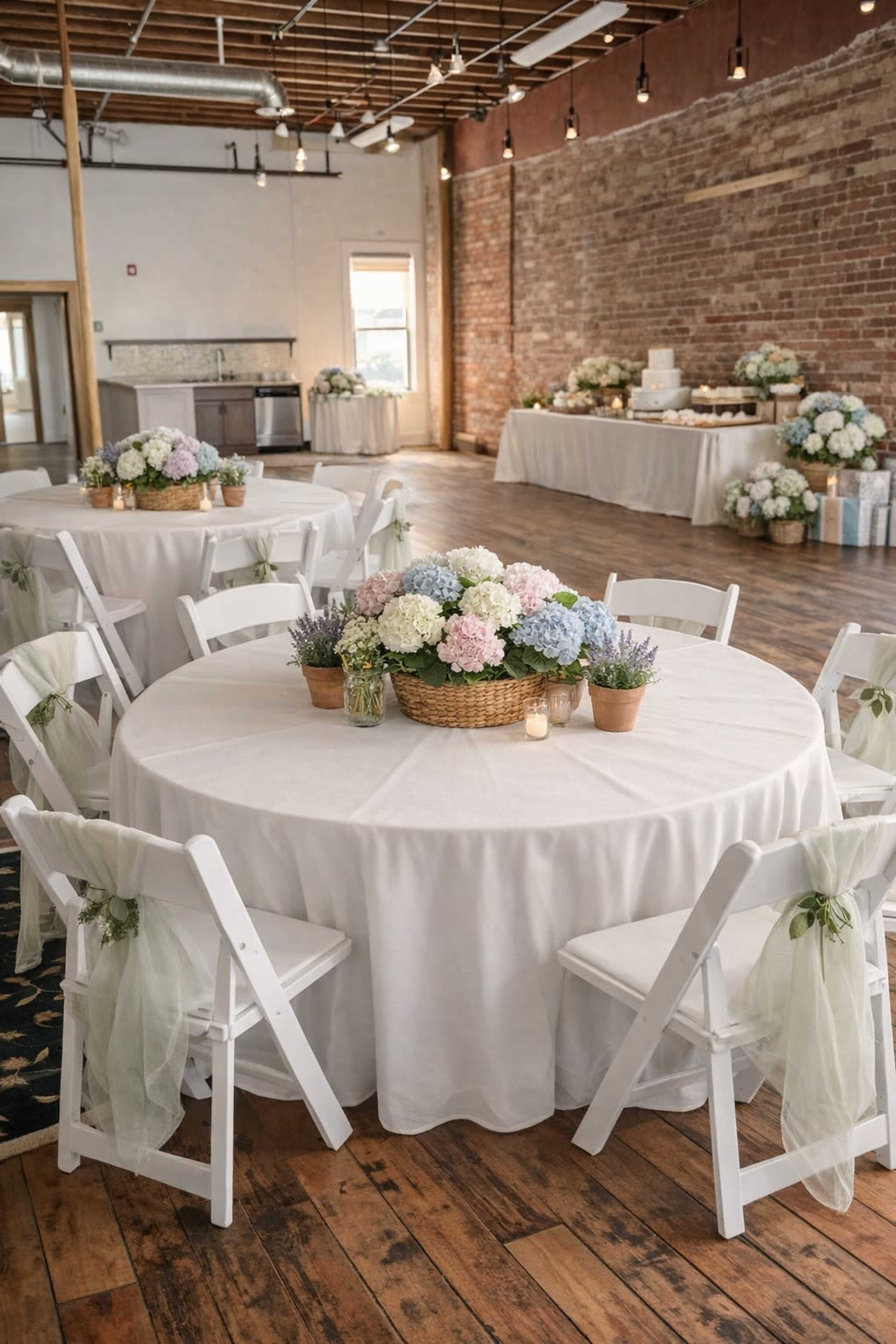 A decorated event space features round tables draped in white tablecloths, each topped with floral arrangements in baskets, surrounded by white chairs adorned with light green fabric sashes.