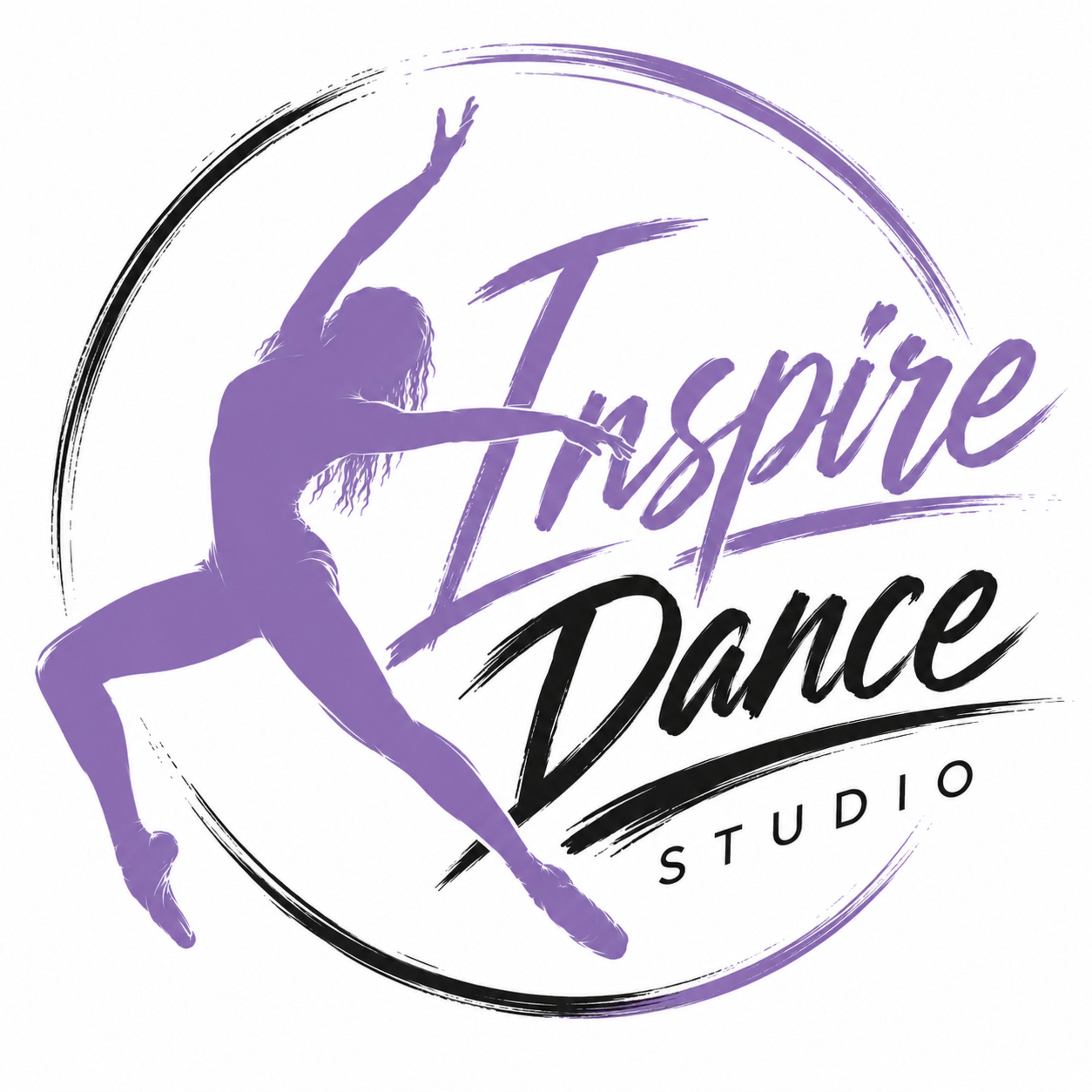 The image features a logo for "Inspire Dance Studio," depicting a dancer in an elegant pose with a circular design.