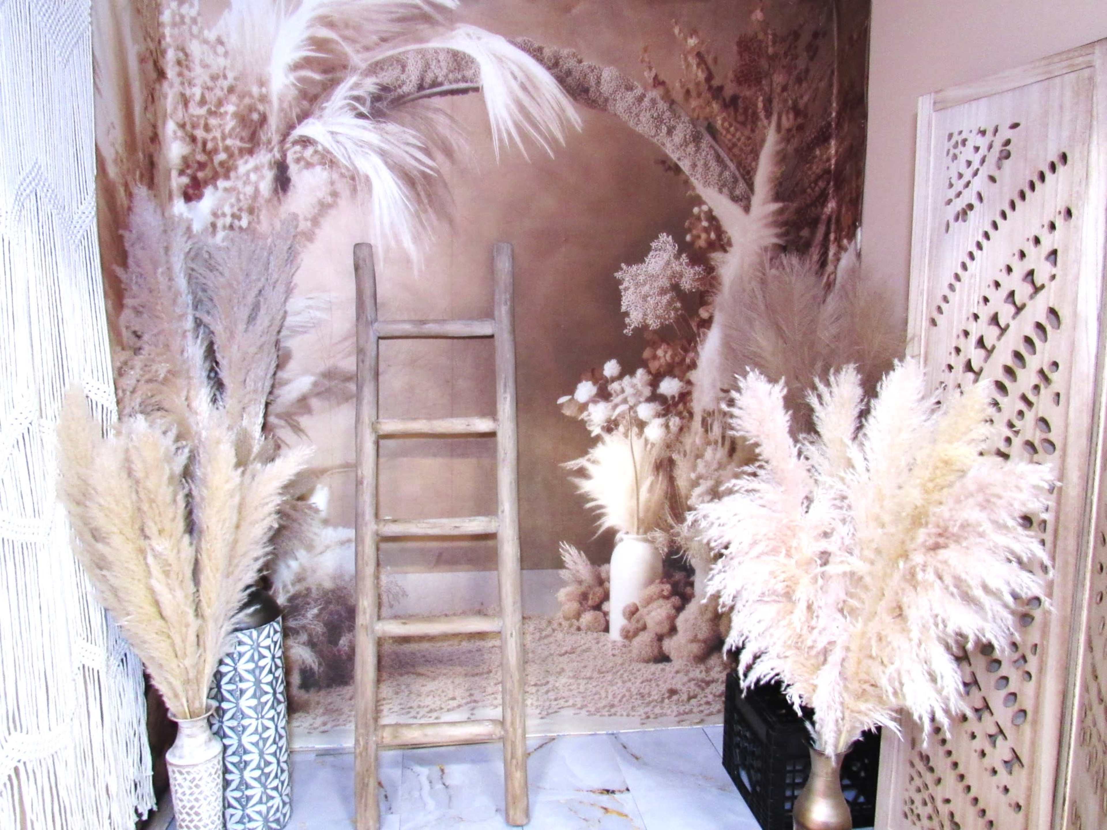 A decor setup with a wooden ladder, pampas grass arrangements, and a brown decorative wall mural.