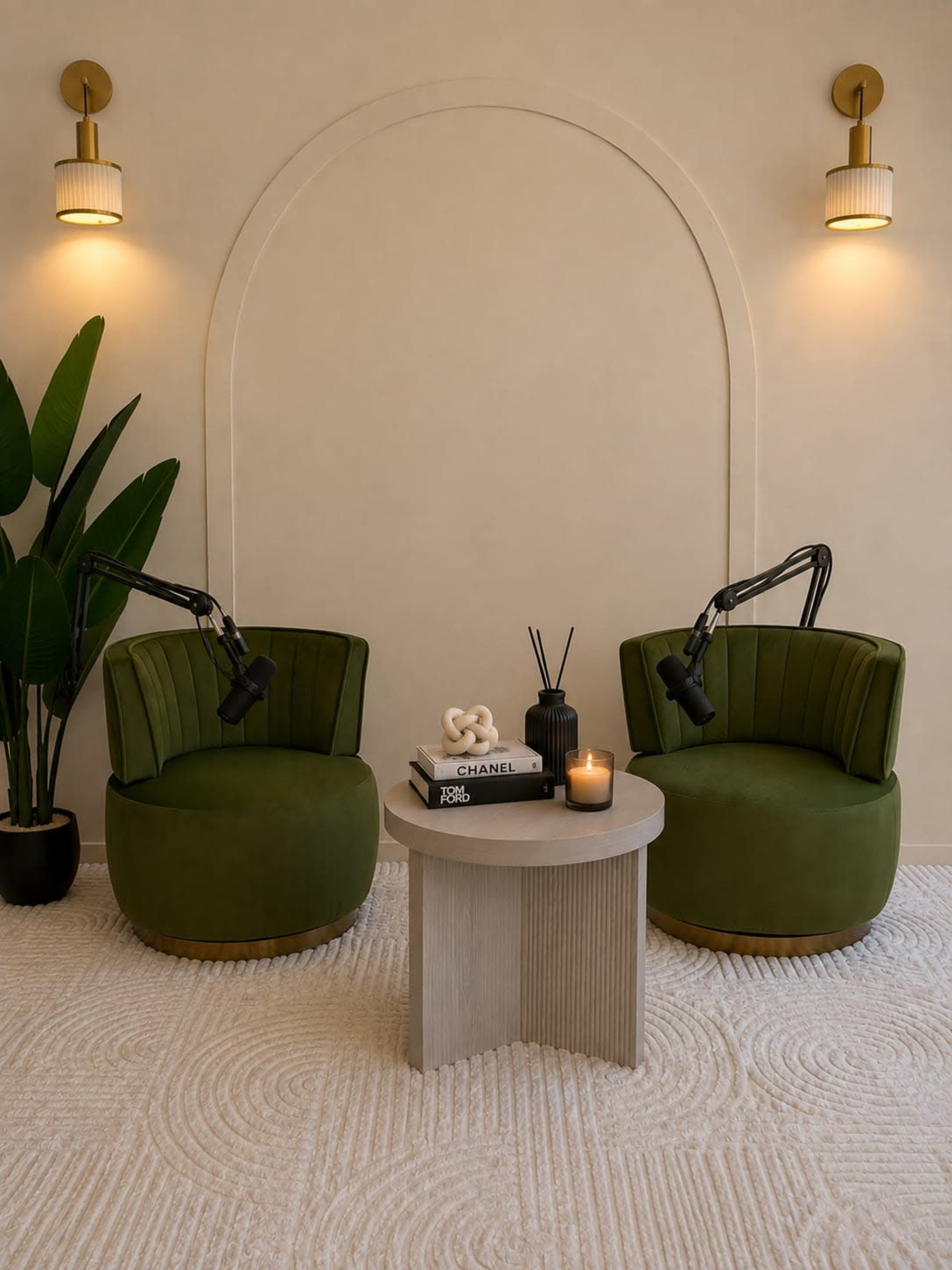 The image features two green chairs with black tripod lamps, positioned on a textured carpet in front of a neutral wall with a decorative arch.