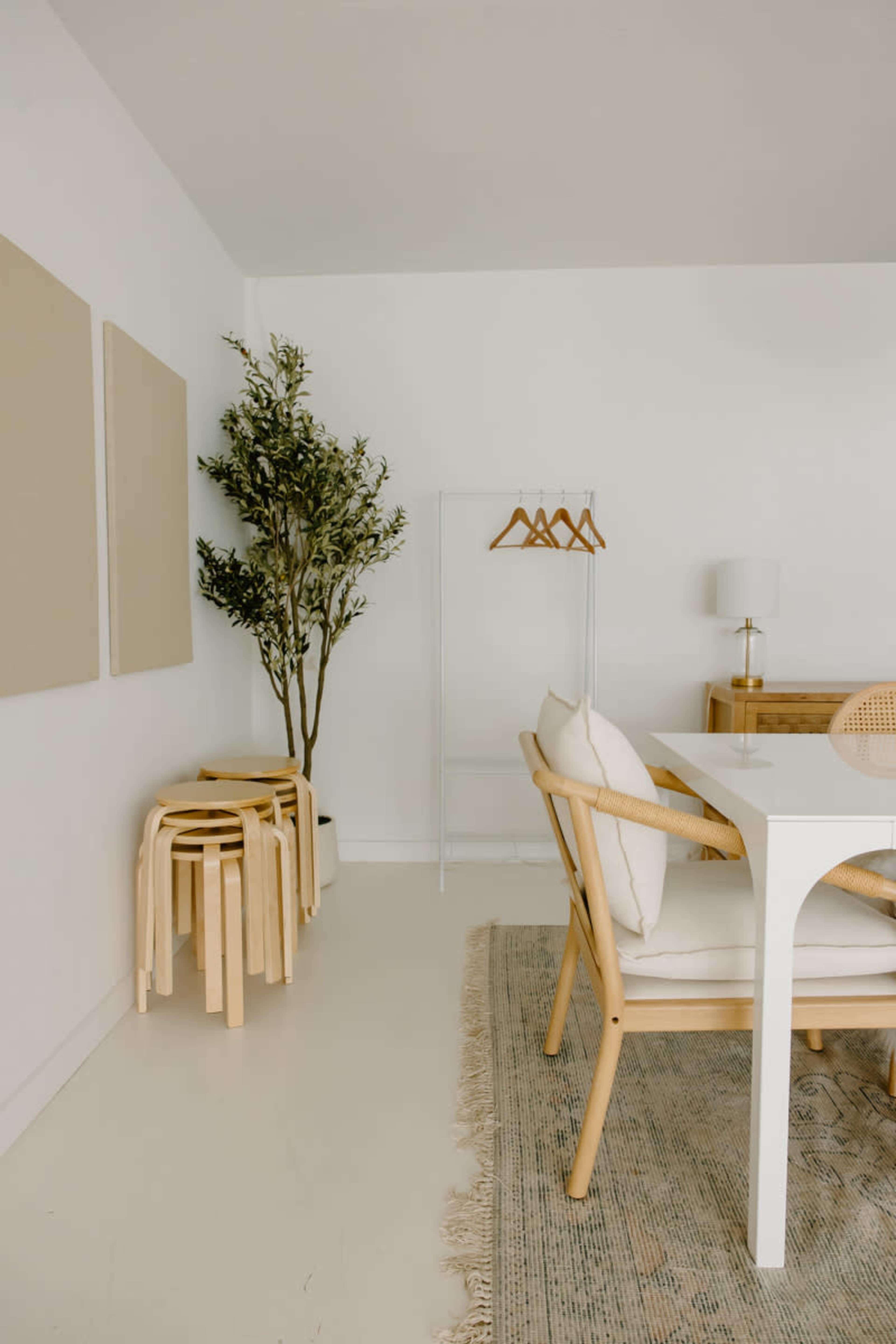 The image depicts a minimalist interior room featuring a dining table and chairs, a plant, and a clothing rack with hangers.