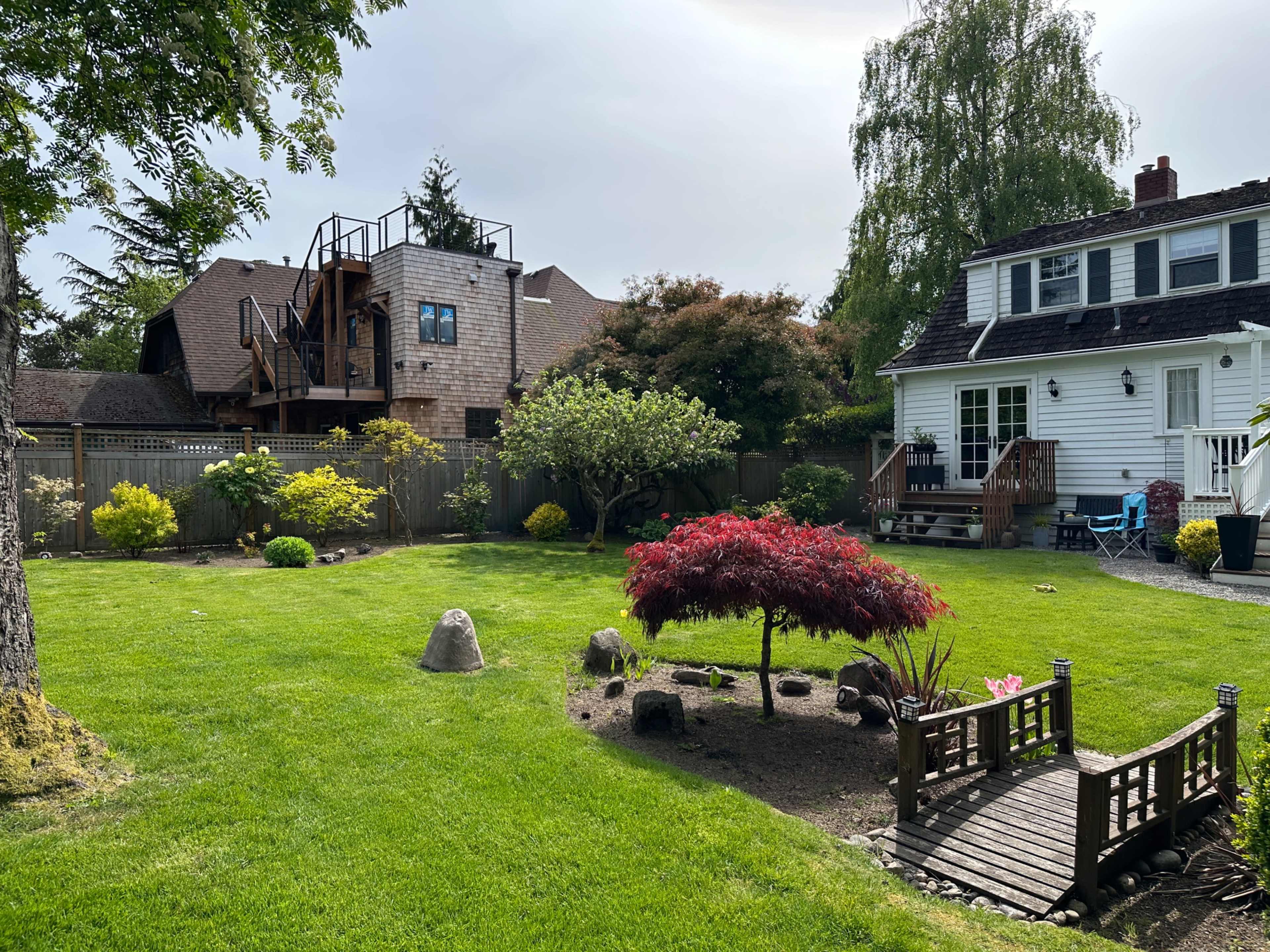 The image shows a landscaped backyard with a small wooden bridge, a red maple tree, and greenery, framed by two houses in the background.