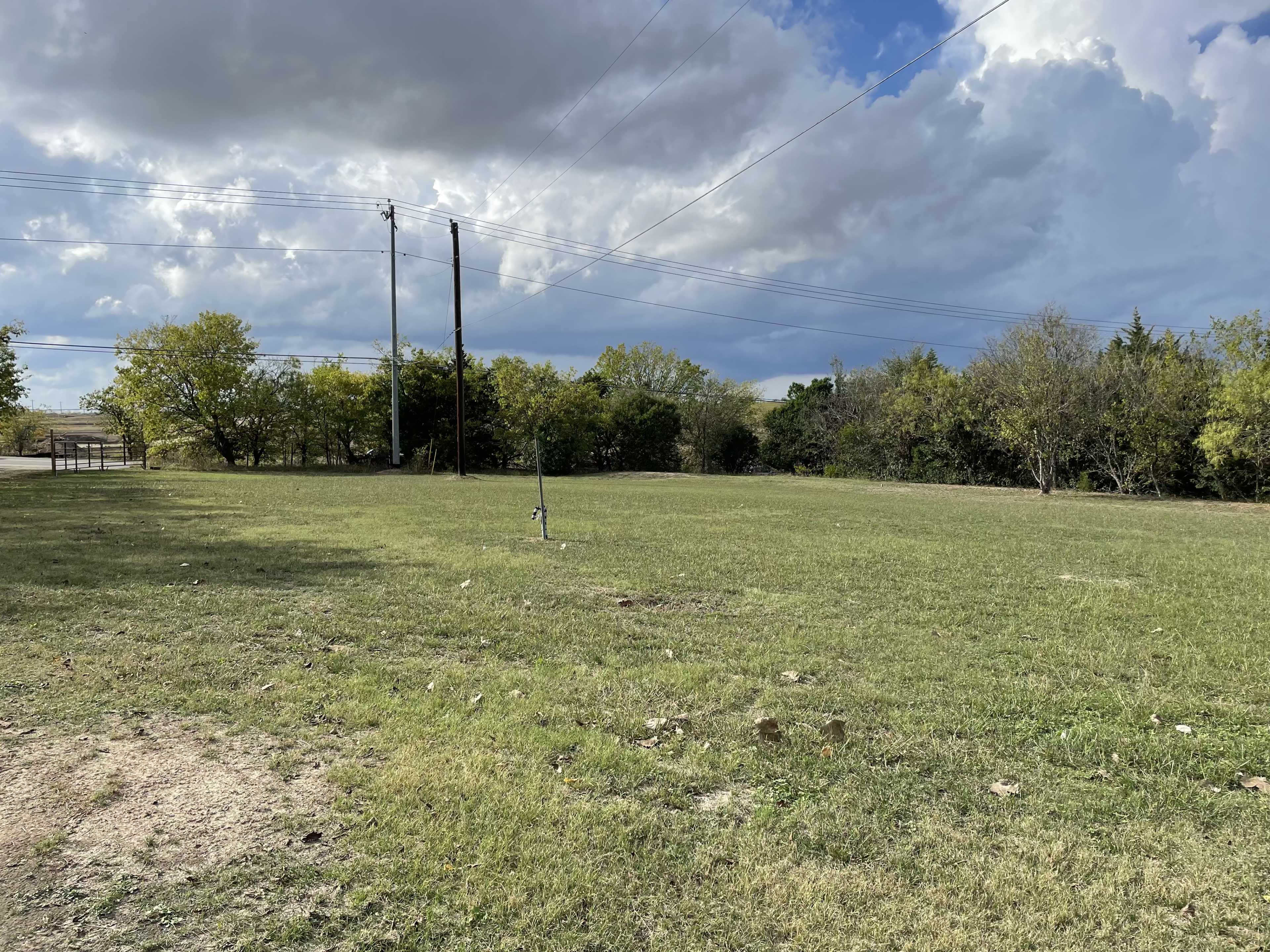 A grassy field with sparse trees and power lines under a partly cloudy sky.