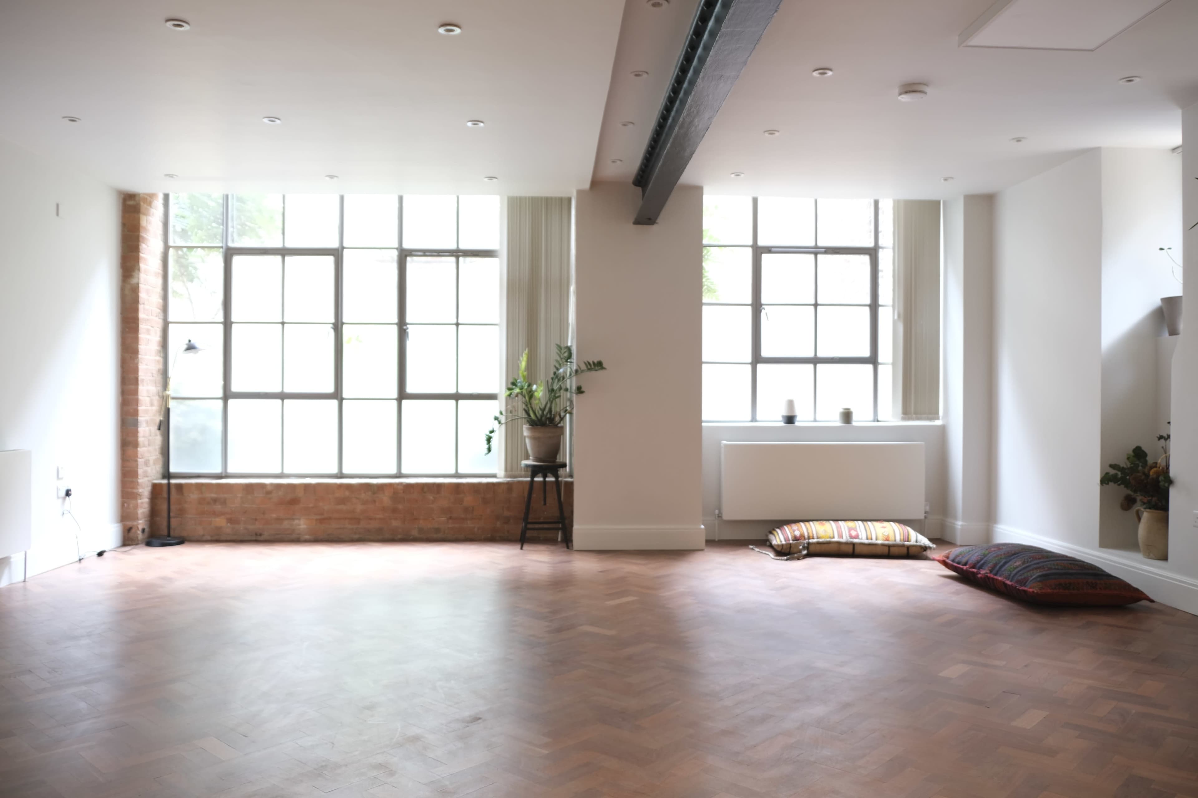 A spacious, well-lit room with large windows, hardwood flooring, and minimal furnishings, including a potted plant and floor cushions.