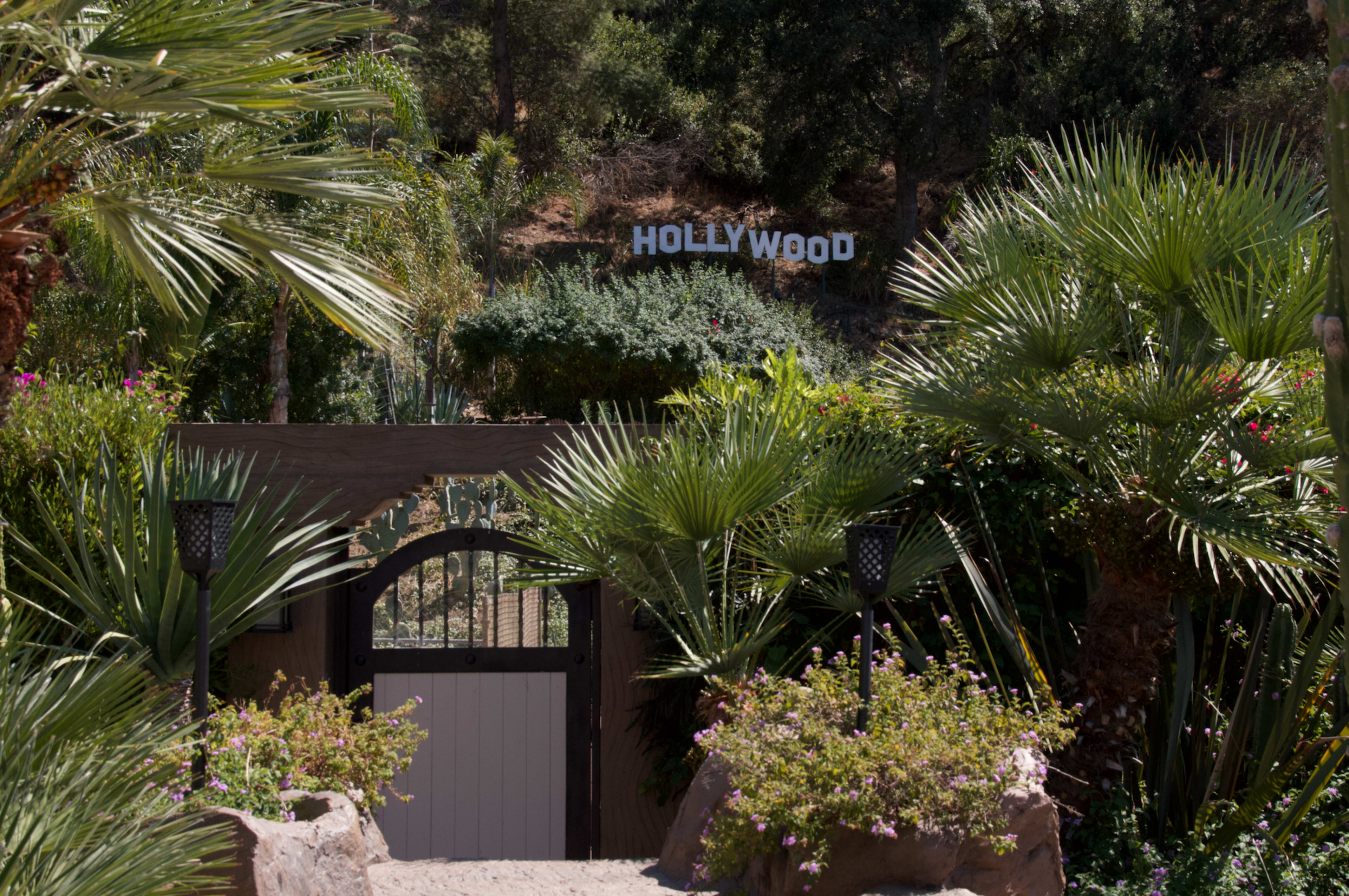 A pathway leads through a garden with palm trees and flowers toward a view of the Hollywood sign in the background.