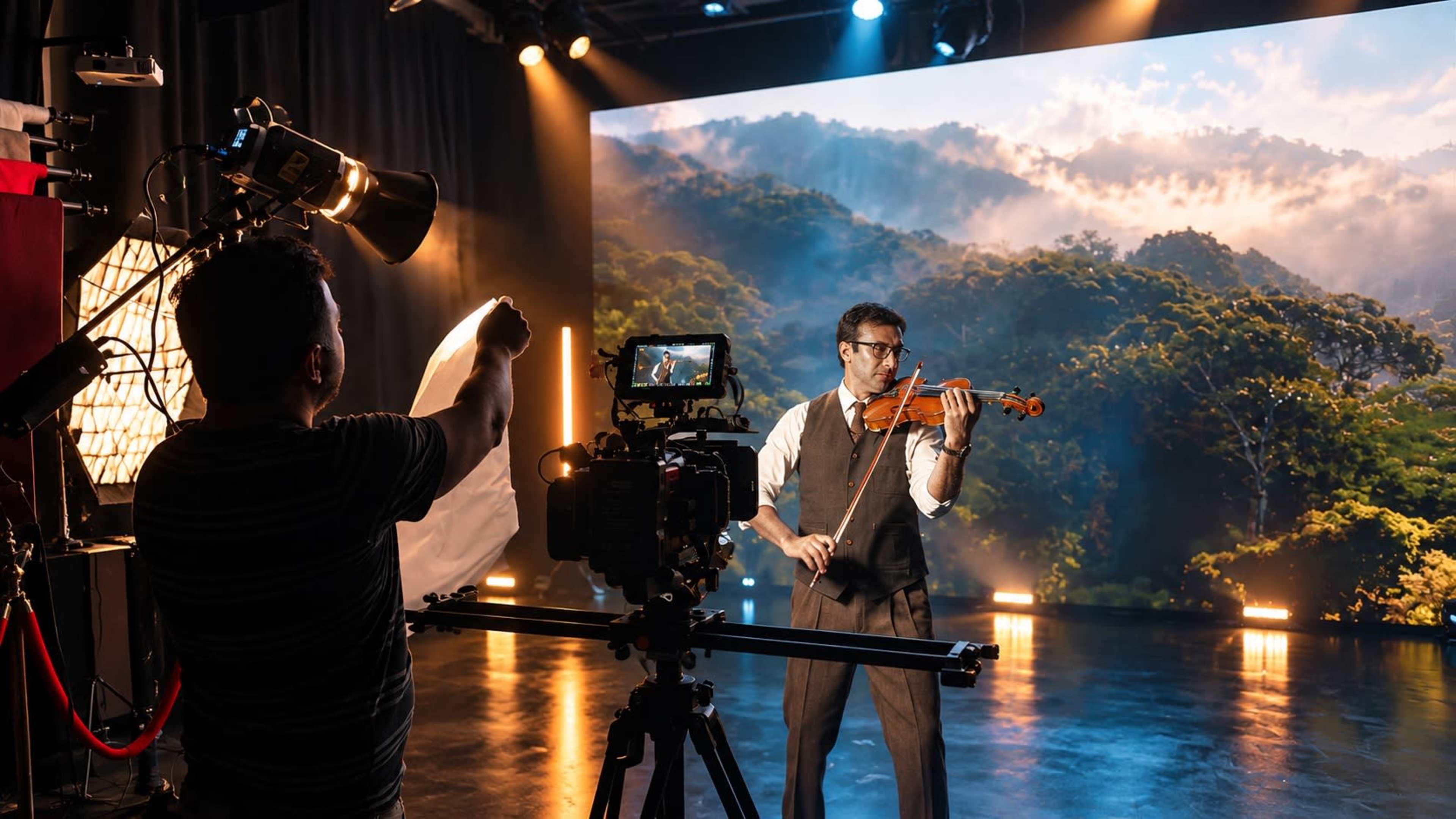A violinist plays on stage in front of a large digital backdrop depicting a mountainous landscape, while a camera operator adjusts the shot.