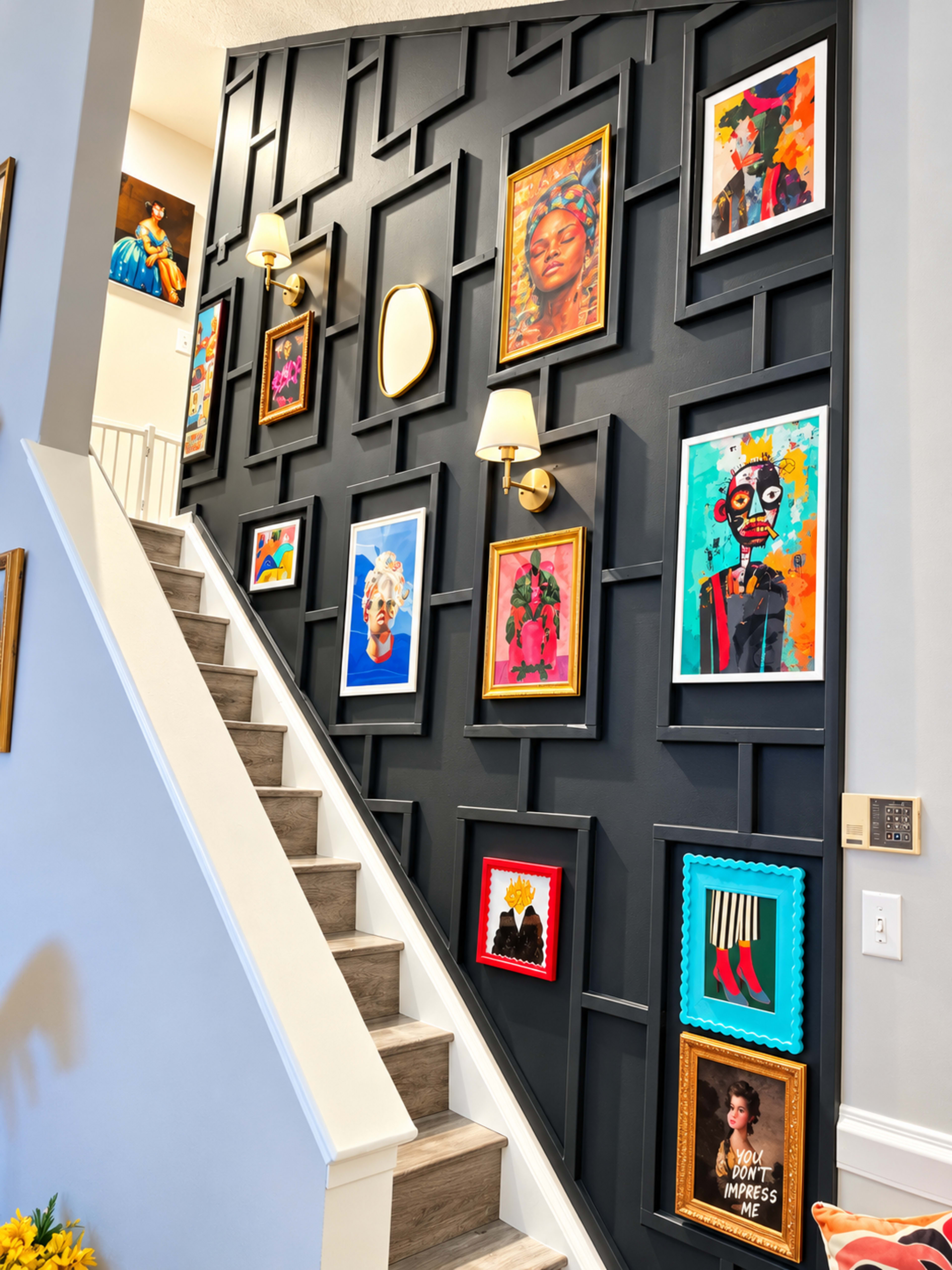 The image shows a staircase wall adorned with various framed artworks in a colorful display against a dark background.